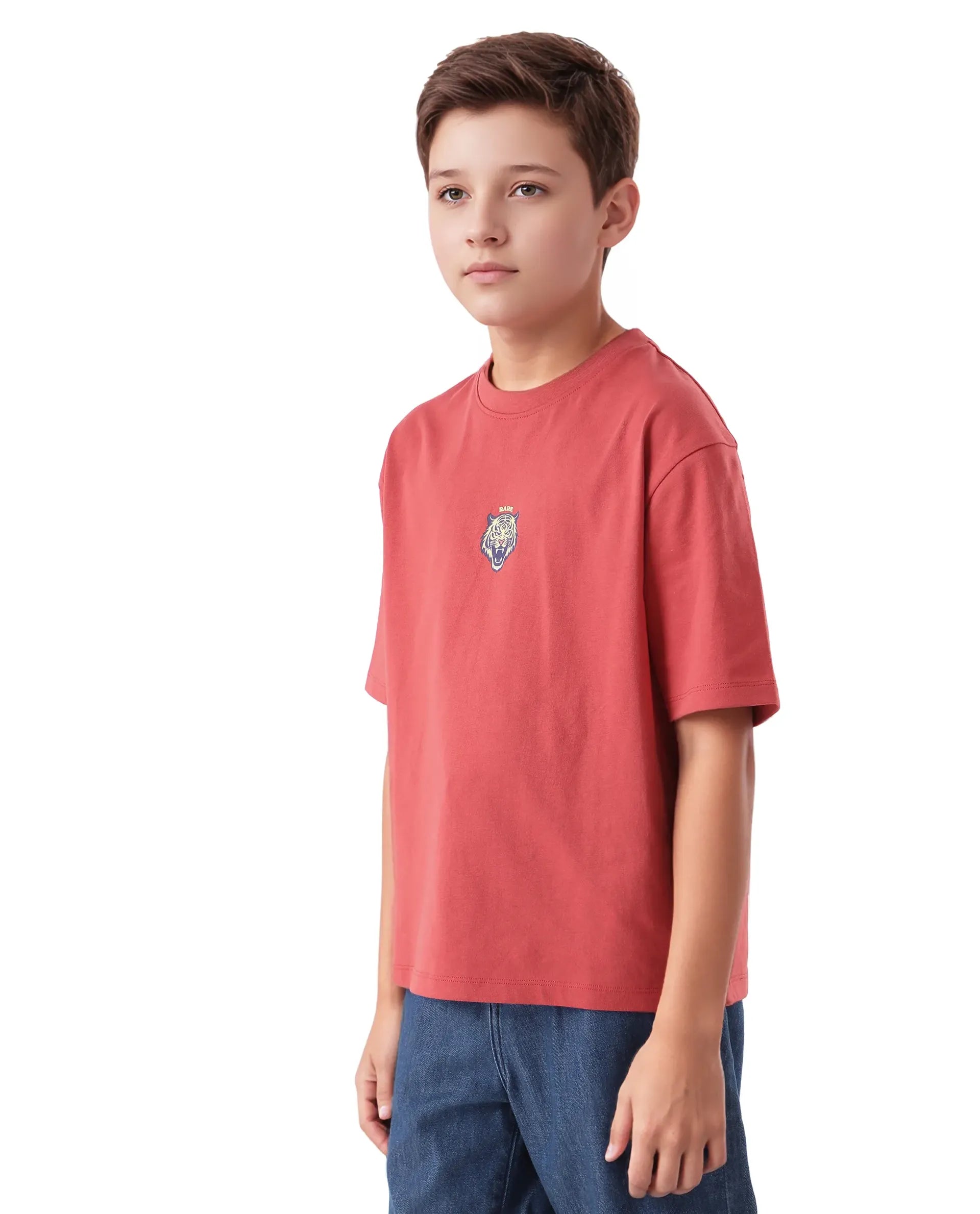 Rare Ones Kids Nate-T Dusky Red Cotton Printed Slip-On Oversized Fit T-Shirt