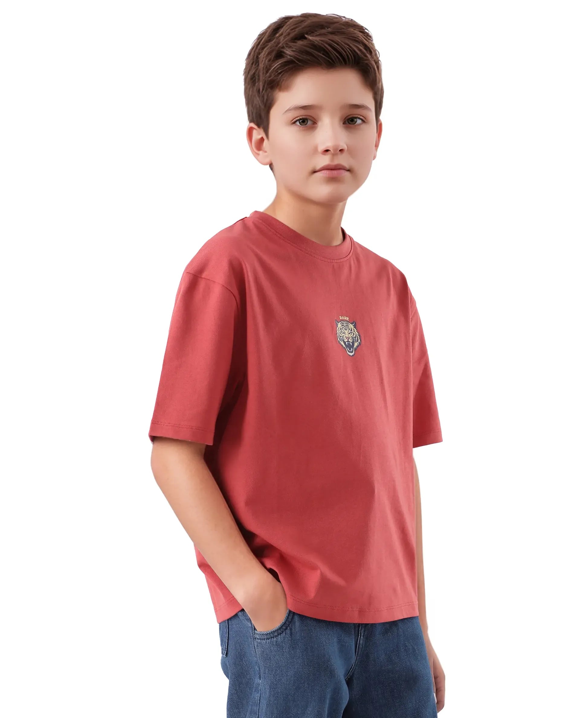 Rare Ones Kids Nate-T Dusky Red Cotton Printed Slip-On Oversized Fit T-Shirt