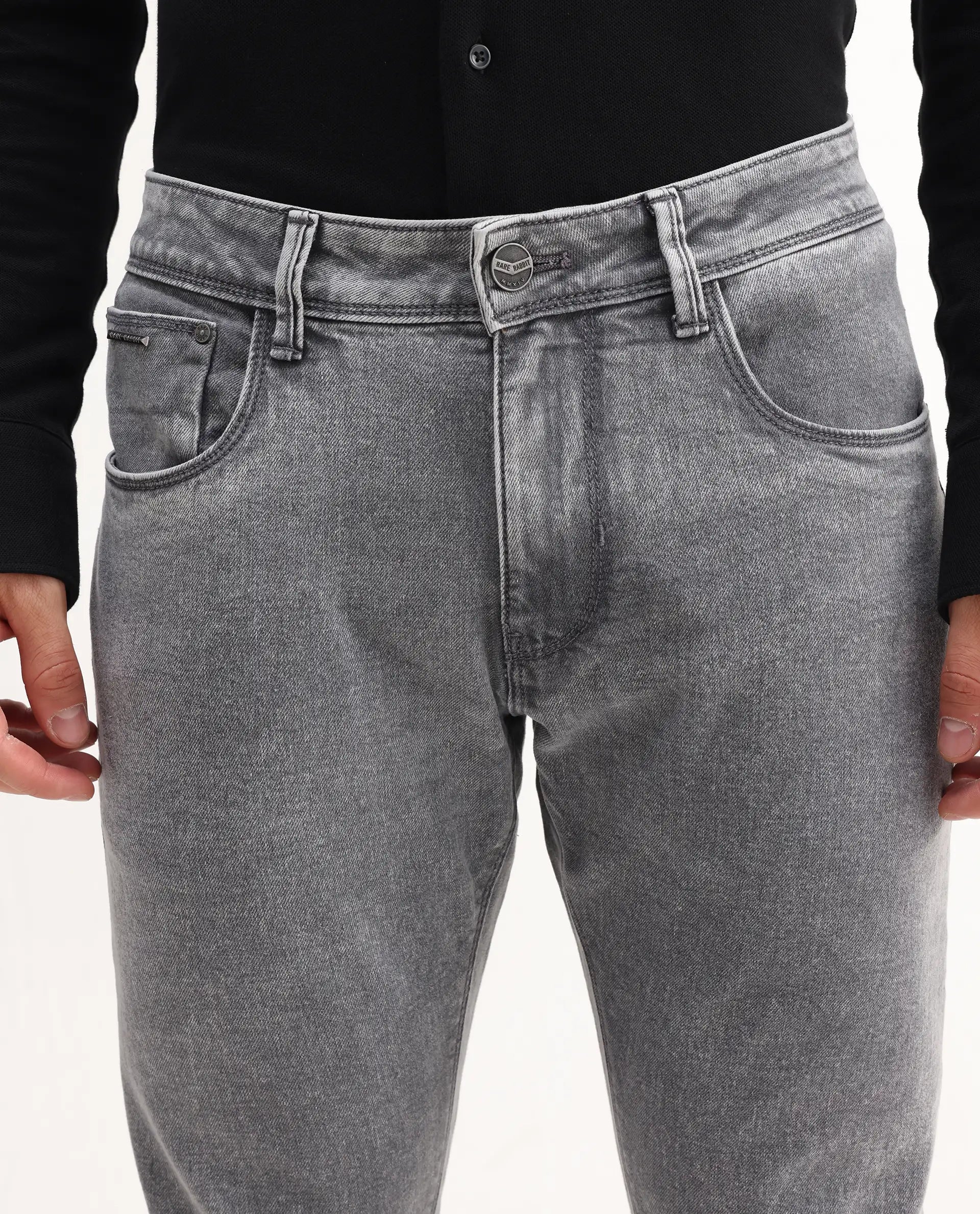 Rare Rabbit Men's Nater Light Grey Cotton Plain Hawk Slim Fit Jeans