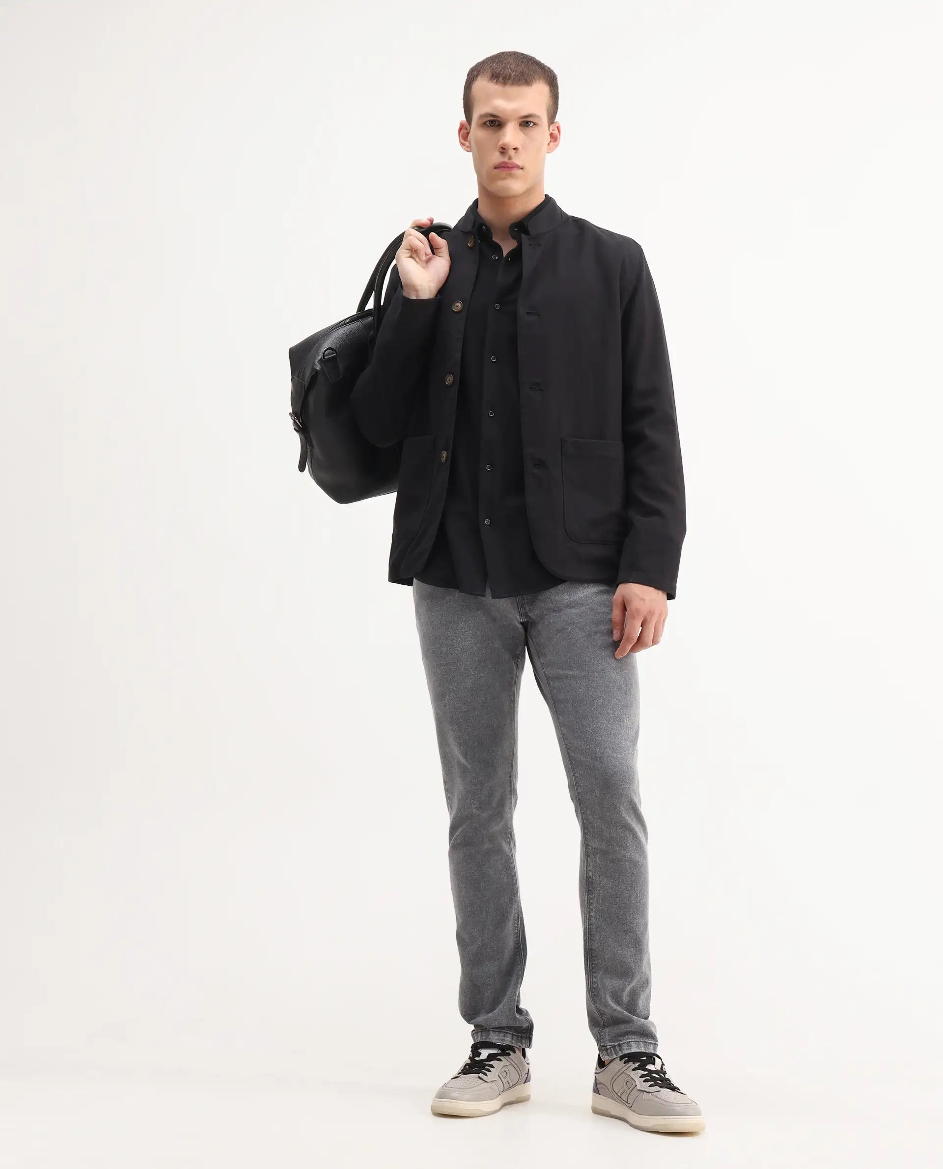 Rare Rabbit Men's Nater Light Grey Cotton Plain Hawk Slim Fit Jeans