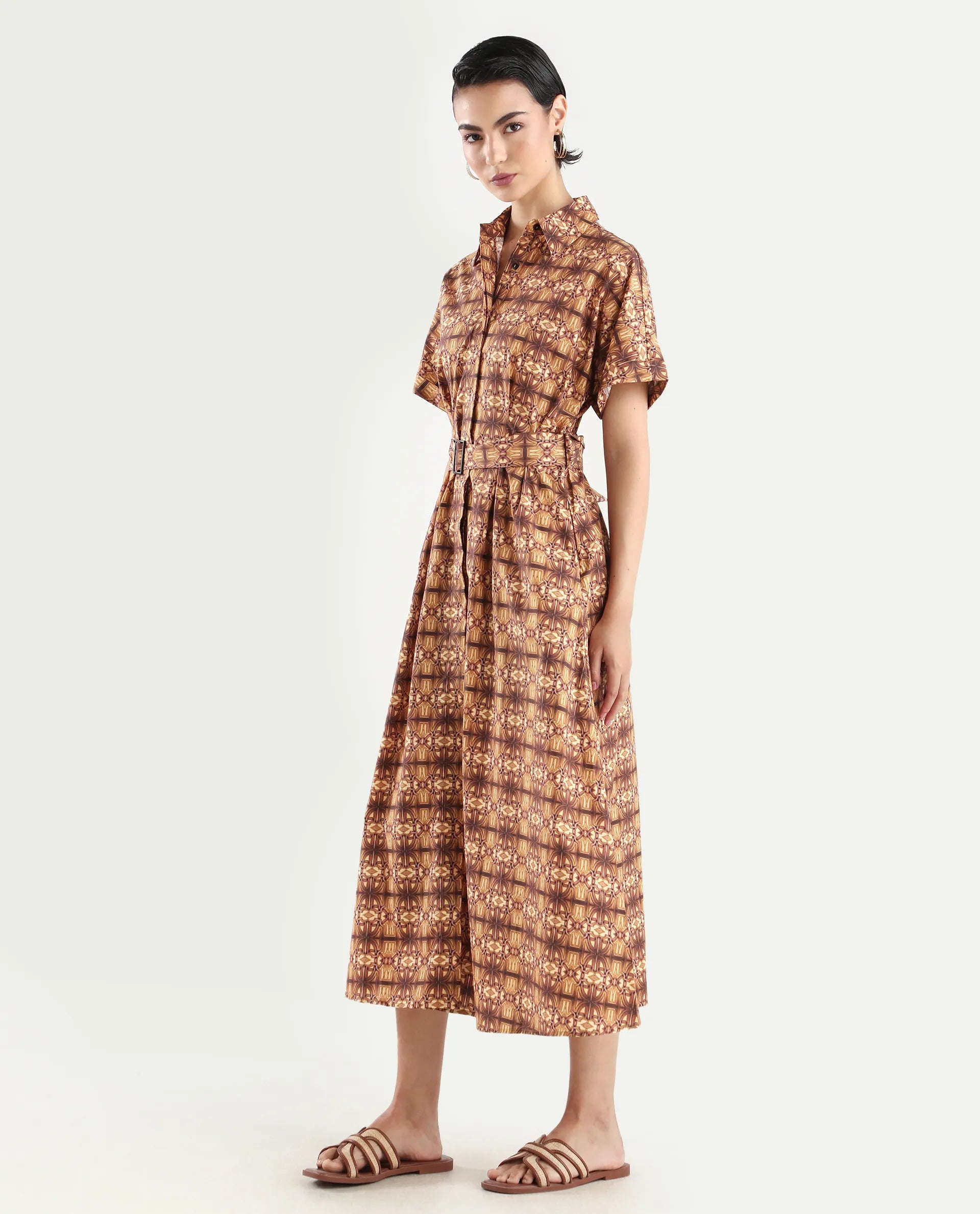 Rareism Women's Native Brown Cotton Blend Drop Collar Geometric Print Midi Fit And Flare Dress