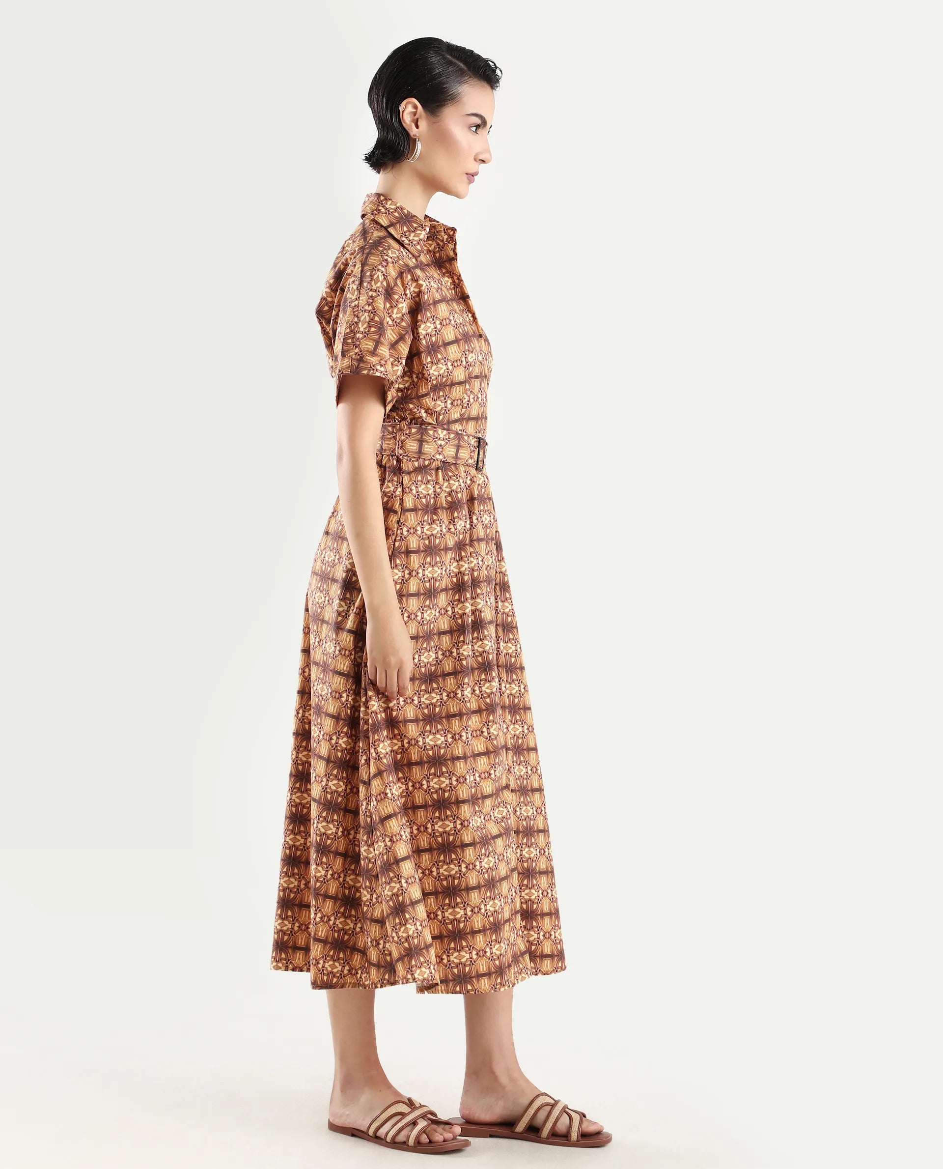 Rareism Women's Native Brown Cotton Blend Drop Collar Geometric Print Midi Fit And Flare Dress
