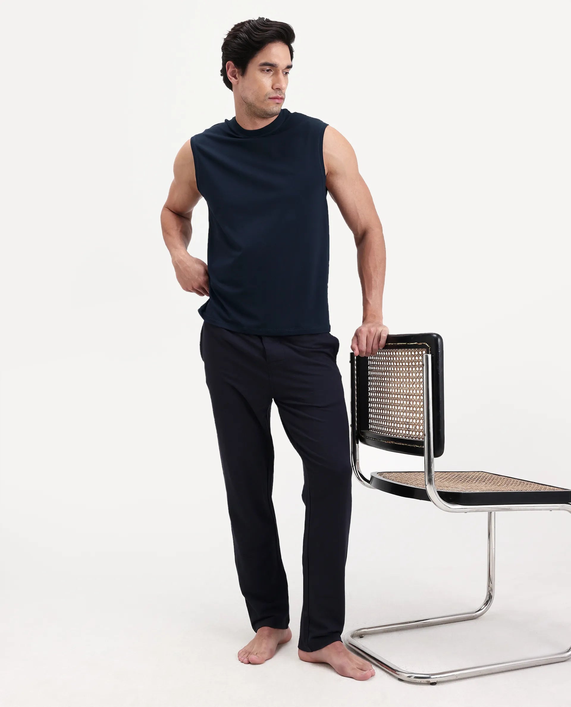 Rare Rabbit Men's Nats Navy Cotton lycra Fabric Regular Fit Plain Stretchable Sleeveless Vest