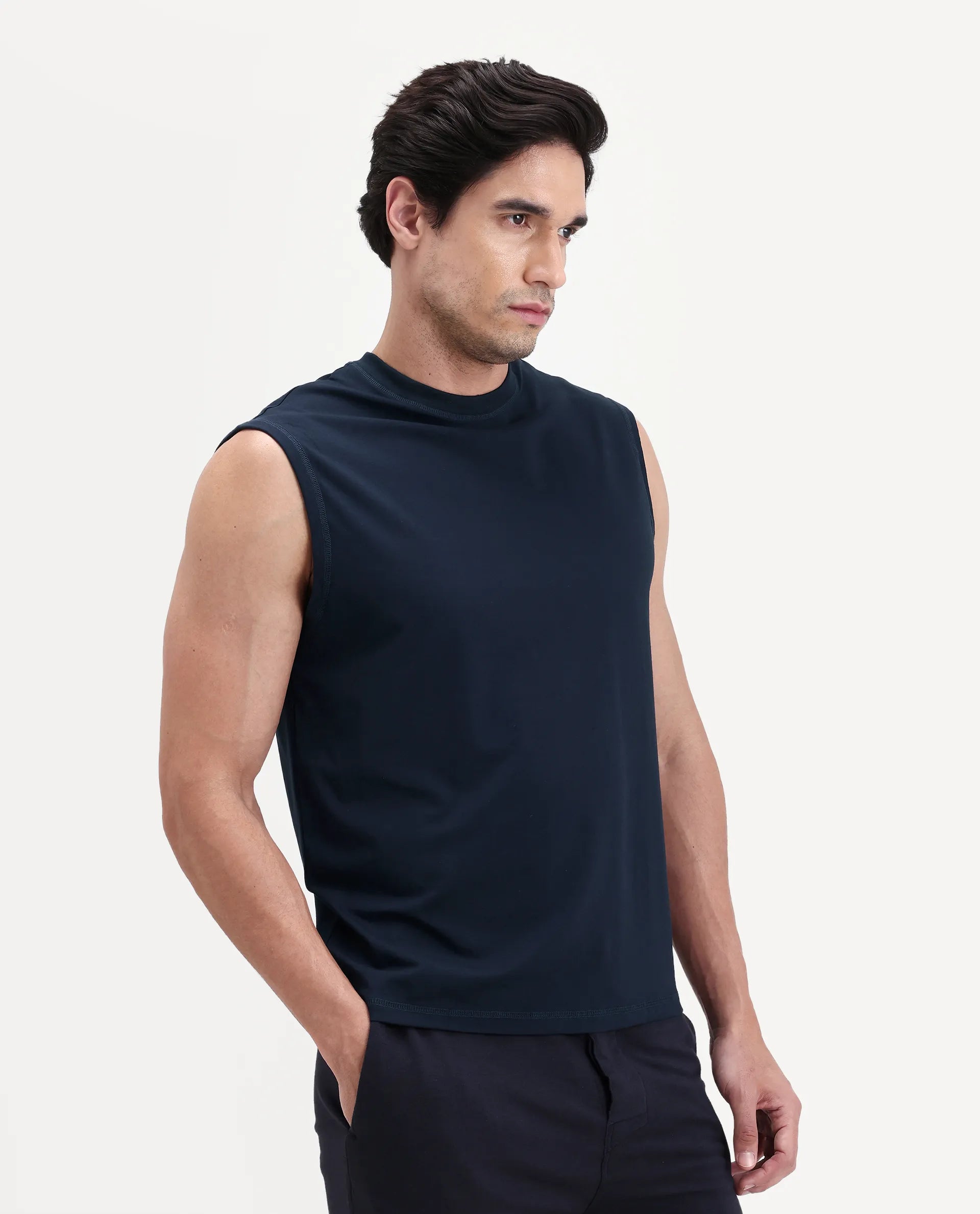 Rare Rabbit Men's Nats Navy Cotton lycra Fabric Regular Fit Plain Stretchable Sleeveless Vest