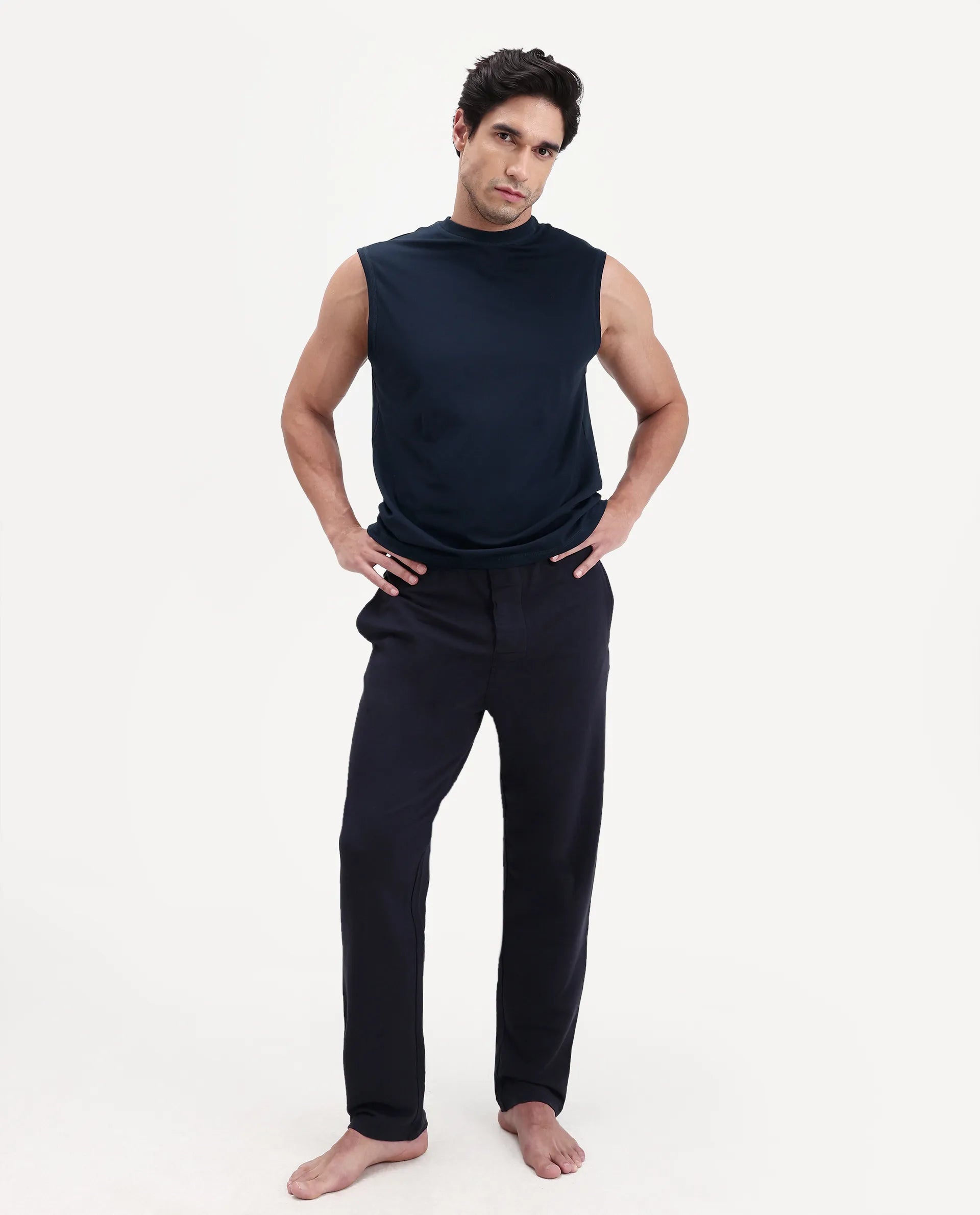 Rare Rabbit Men's Nats Navy Cotton lycra Fabric Regular Fit Plain Stretchable Sleeveless Vest