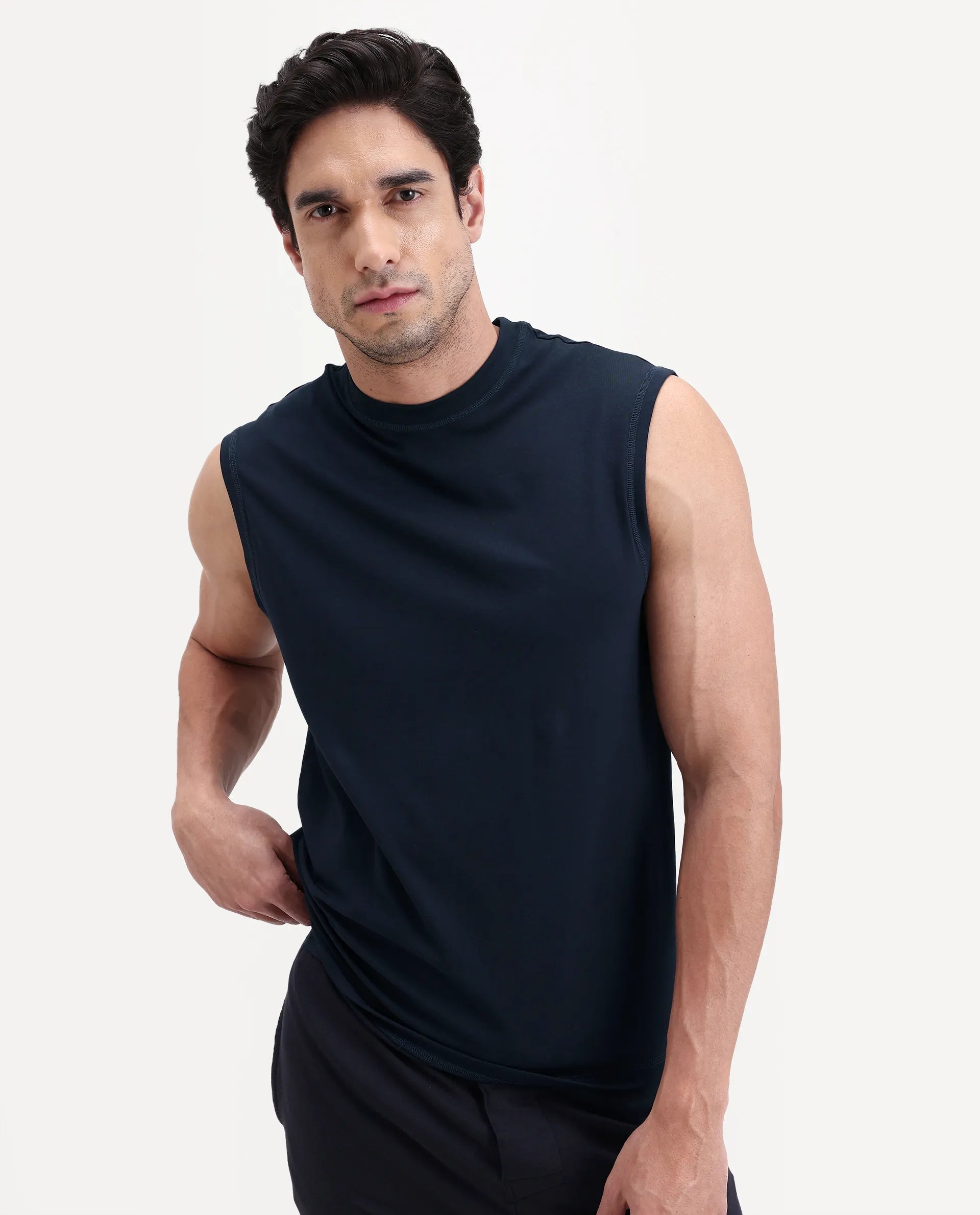 Rare Rabbit Men's Nats Navy Cotton lycra Fabric Regular Fit Plain Stretchable Sleeveless Vest
