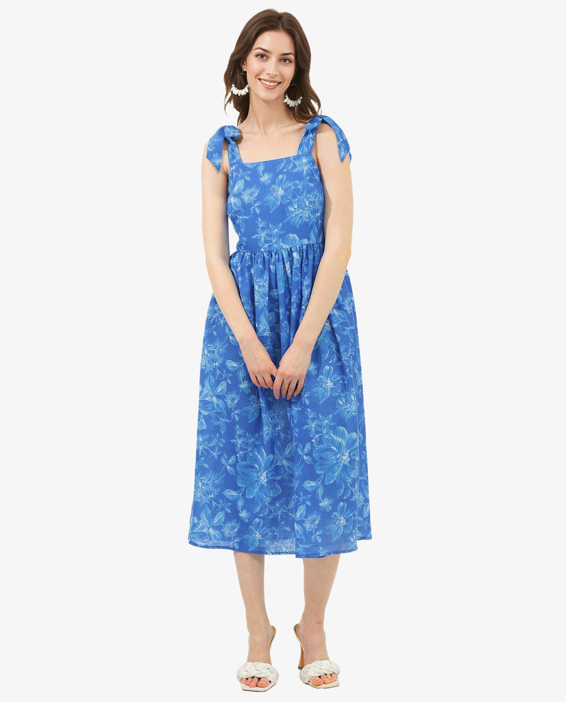 Rareism Women's Natsuki Blue  Shoulder Straps  Sleeveless Floral Print Fit And Flare Midi Dress