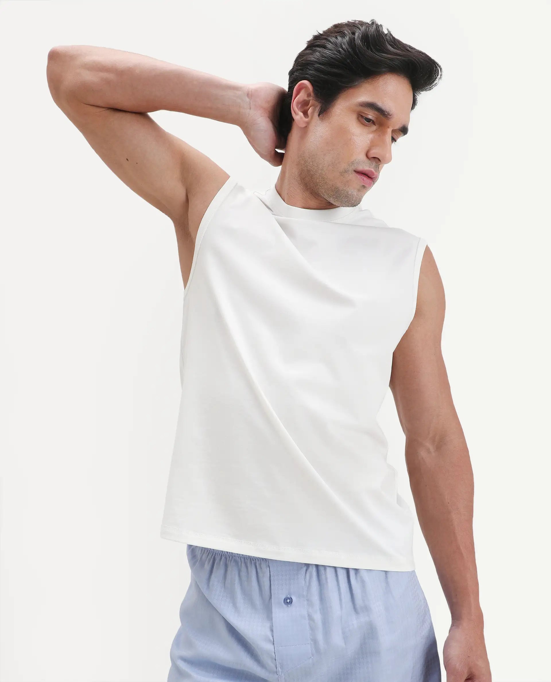 Rare Rabbit Men's Nats White Cotton Lycra Fabric Regular Fit Plain Stretchable Sleeveless Vest