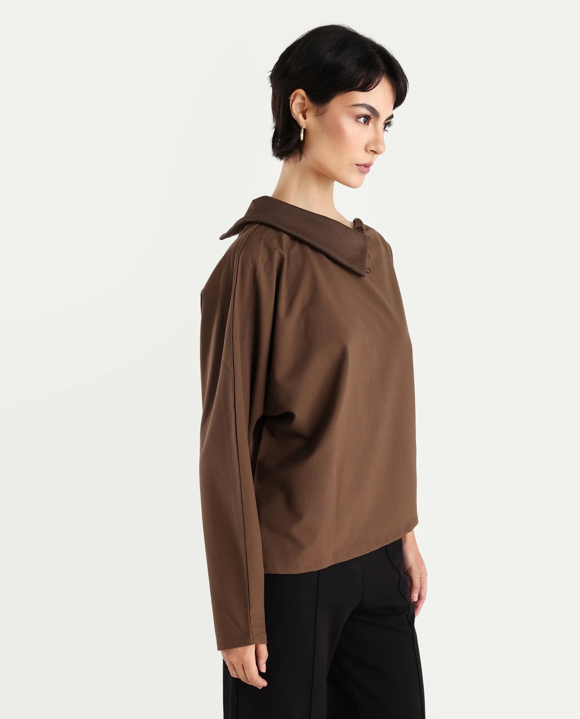 Rareism Women's Natta Brown Cotton High Neck Plain Regular Fit Top