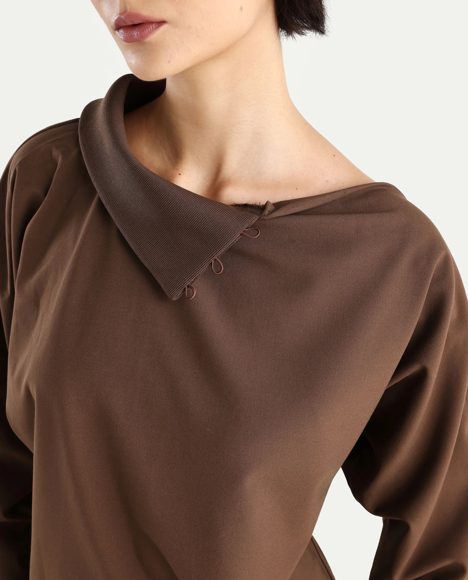 Rareism Women's Natta Brown Cotton High Neck Plain Regular Fit Top