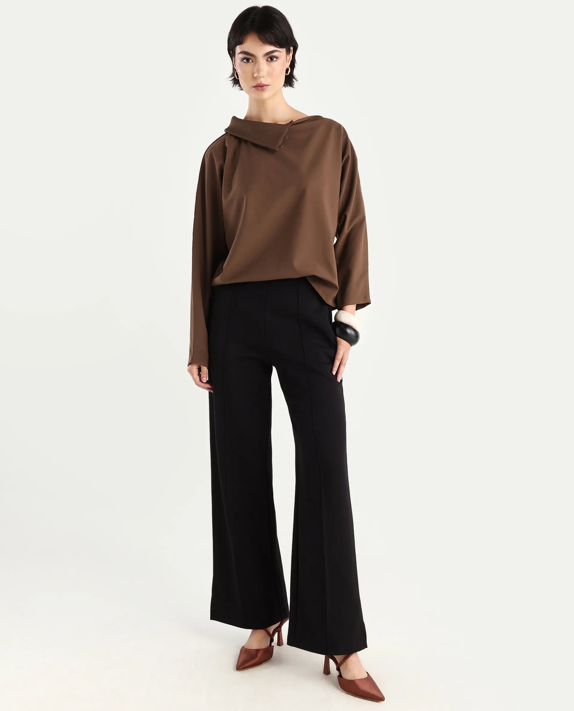 Rareism Women's Natta Brown Cotton High Neck Plain Regular Fit Top