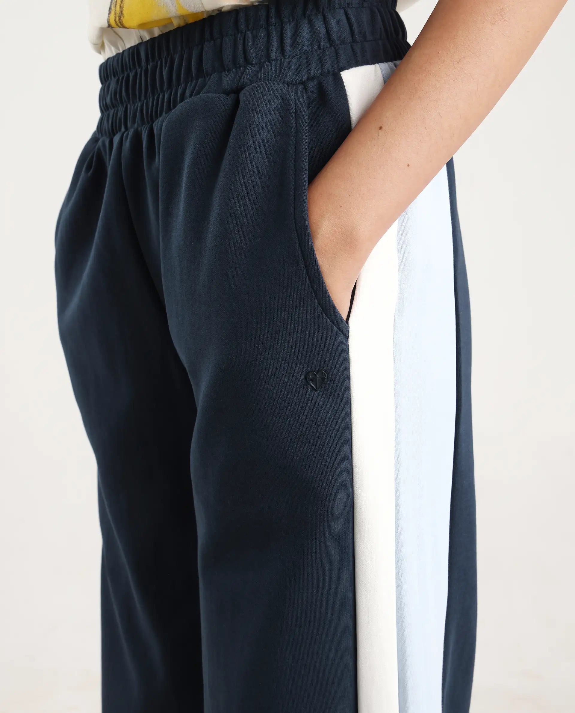 Rareism Women's Naut Navy Cotton Plain Ankle Length Wide Track Pant