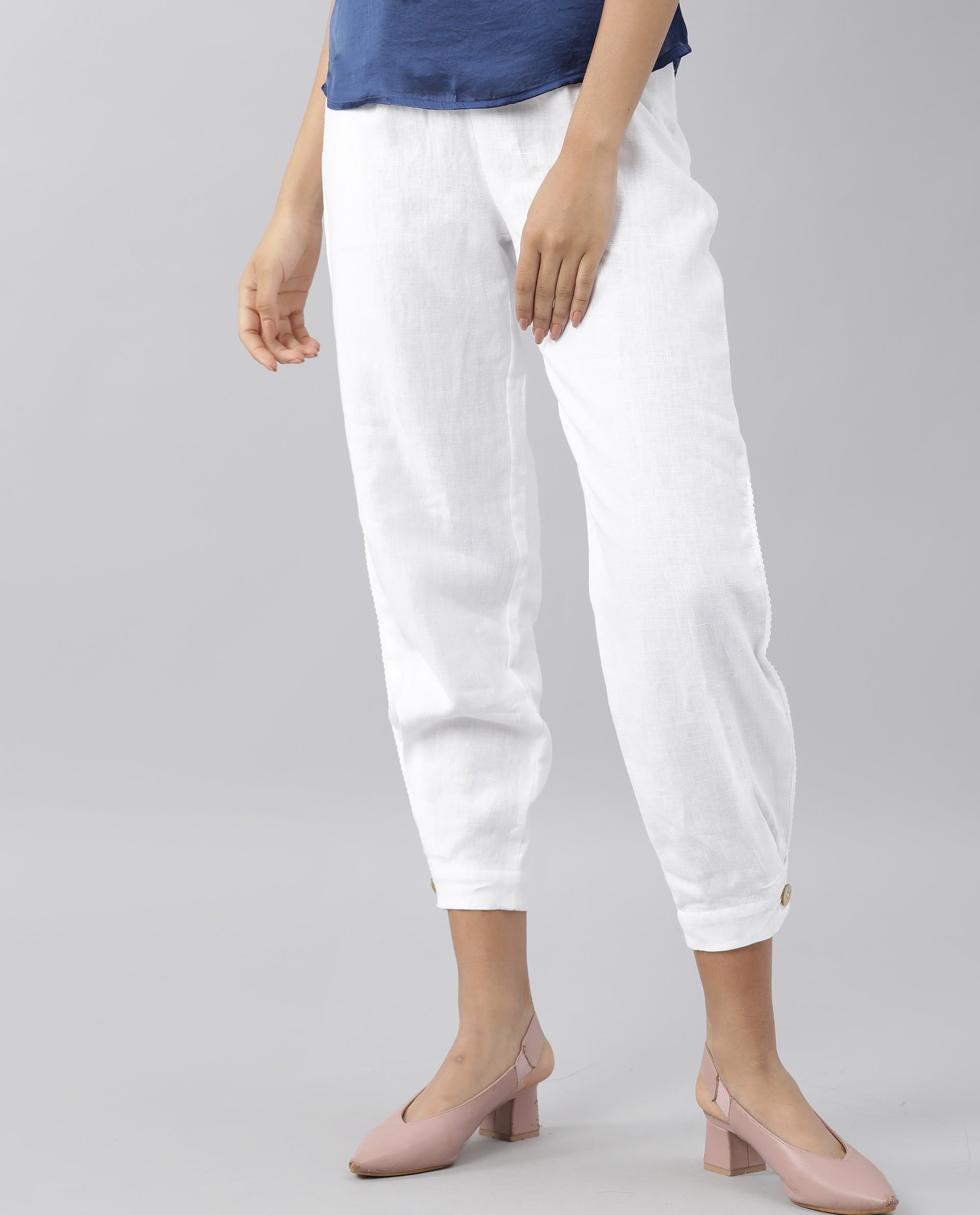 Rareism Women Navi White Trousers Cotton Linen Fabric Zip Clouser Solid
