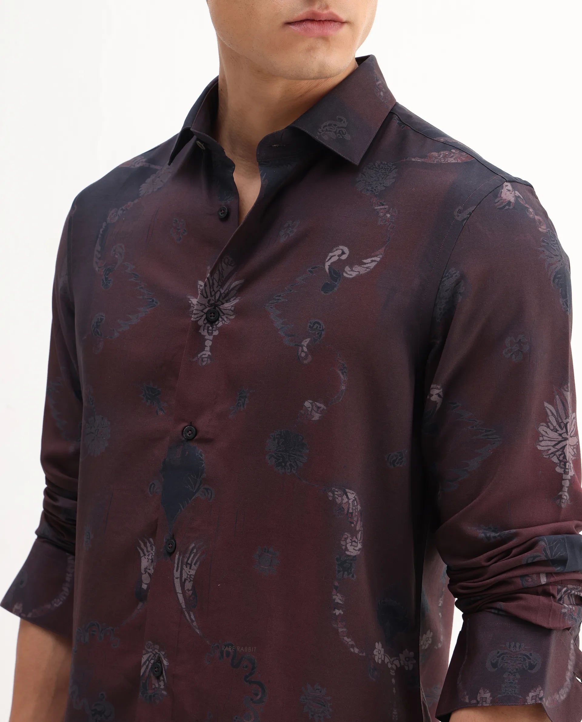 Rare Rabbit Men's Navo Dark Maroon Viscose Floral Print Regular Fit Full Sleeve Collared Shirt