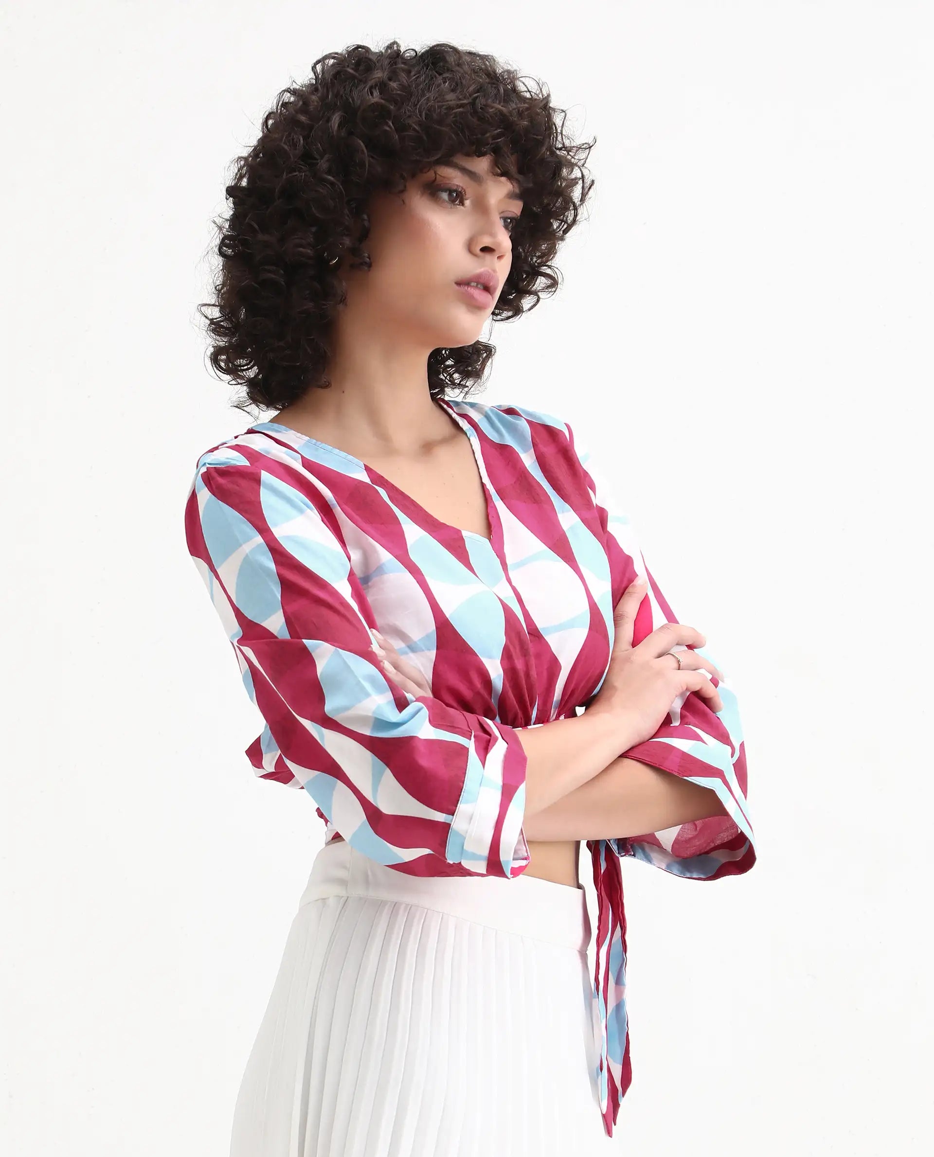 Rareism Women's Nayber Multi Cotton V-Neck Geometric Print Bell Sleeve Crop Regular Fit Top