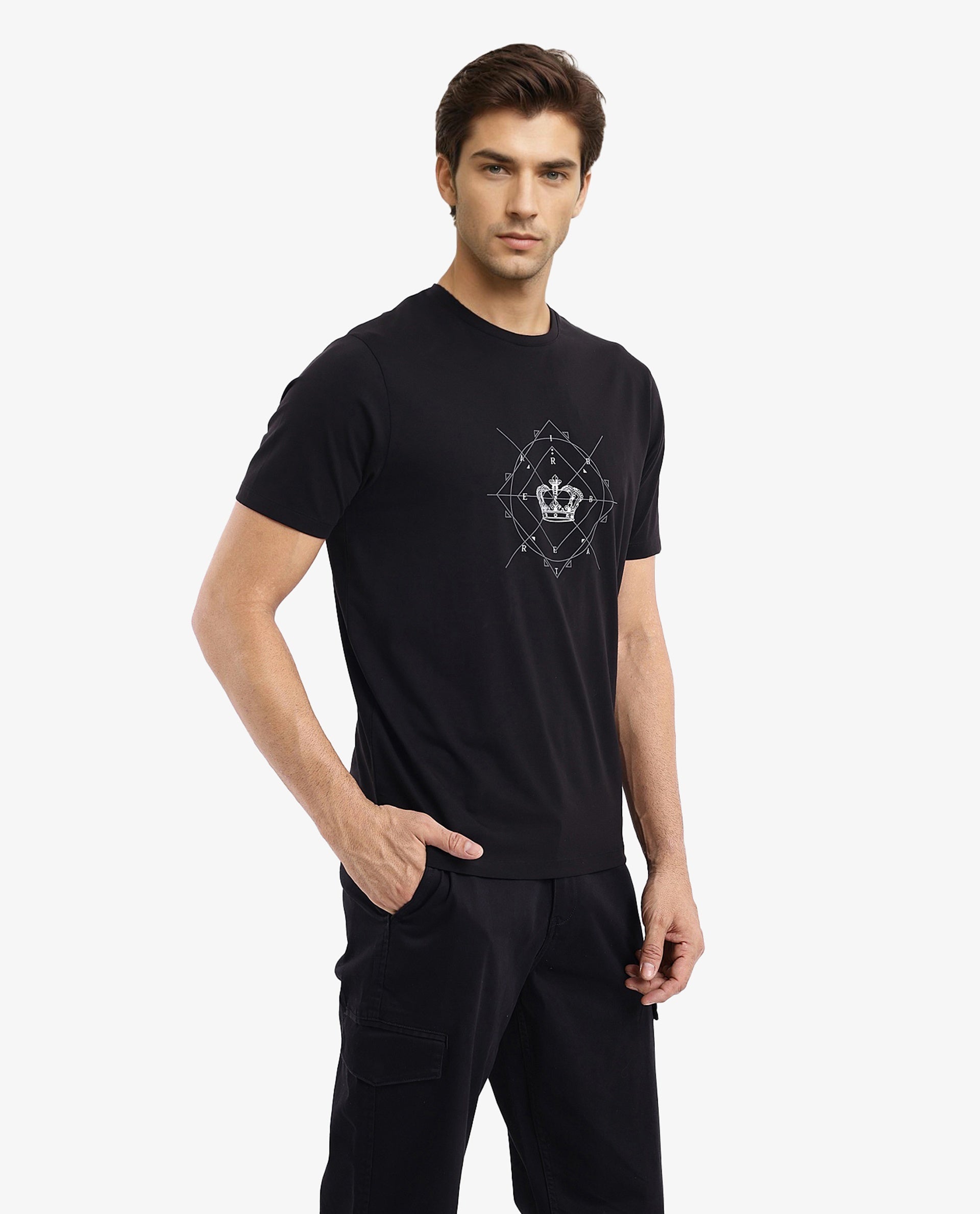 Rare Rabbit Men Naz Black Cotton Lycra Fabric Short Sleeve Crew Neck Regular Fit Graphic Print T-Shirt