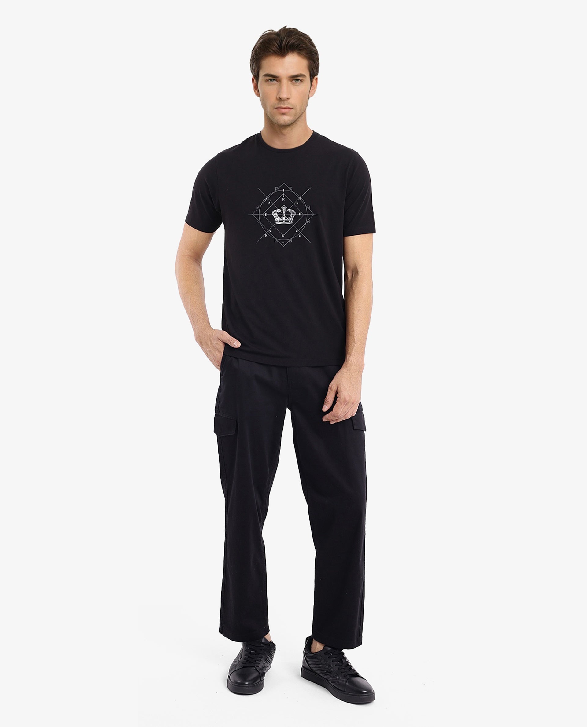 Rare Rabbit Men Naz Black Cotton Lycra Fabric Short Sleeve Crew Neck Regular Fit Graphic Print T-Shirt