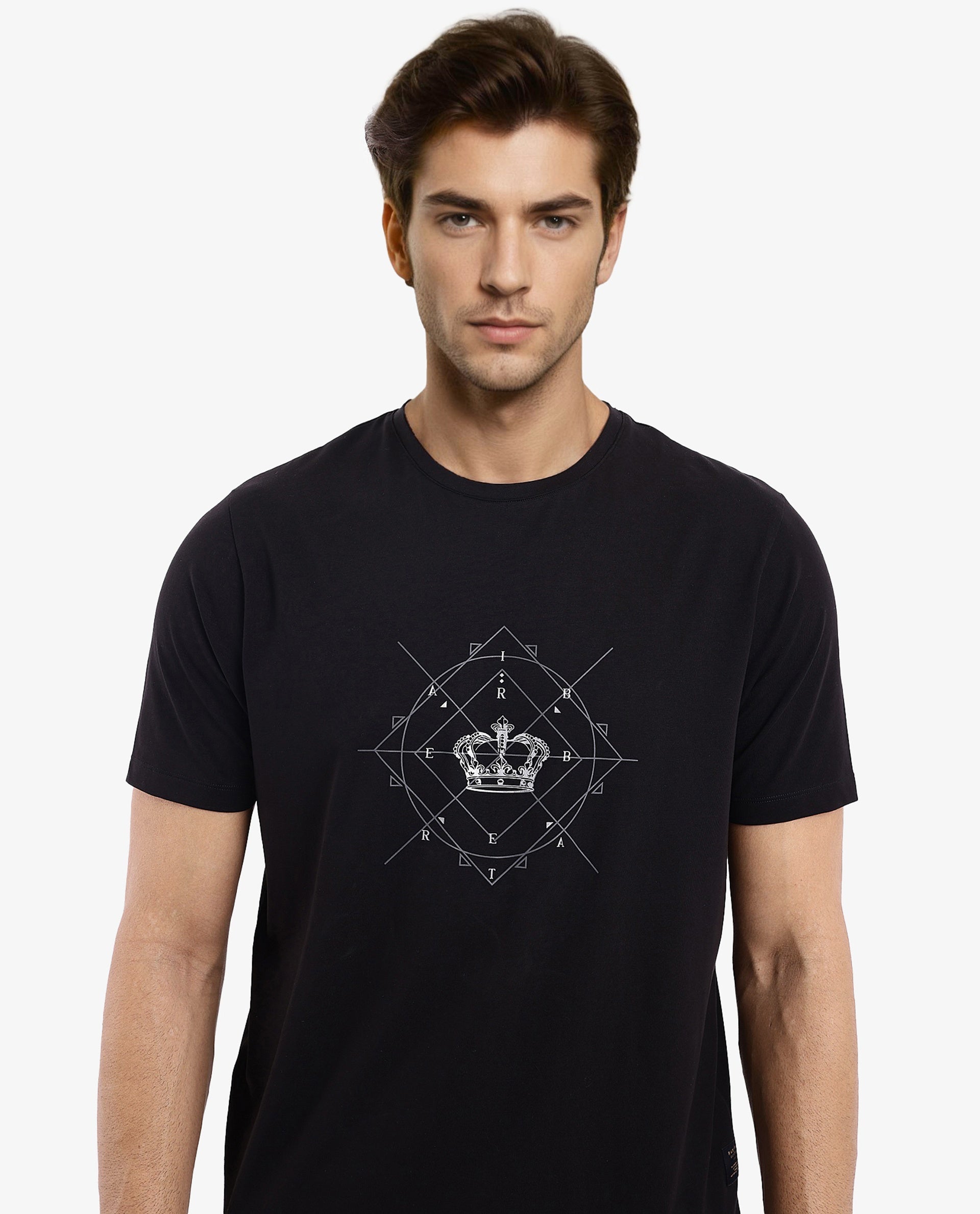 Rare Rabbit Men Naz Black Cotton Lycra Fabric Short Sleeve Crew Neck Regular Fit Graphic Print T-Shirt