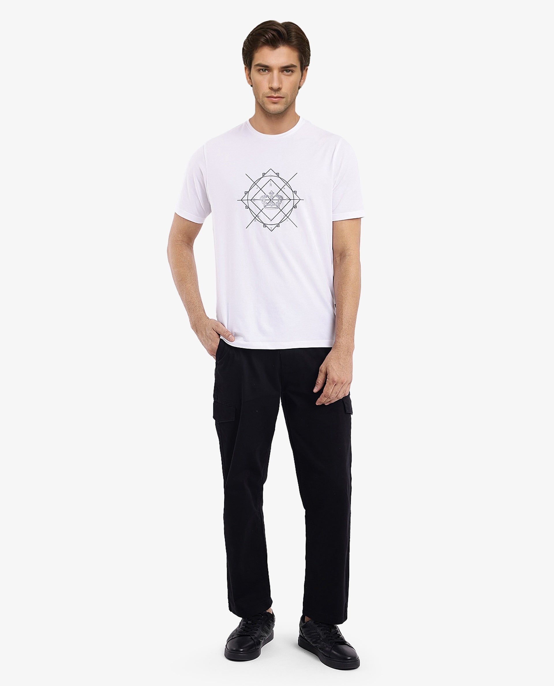 Rare Rabbit Men Naz White Cotton Lycra Fabric Short Sleeve Crew Neck Regular Fit Graphic Print T-Shirt