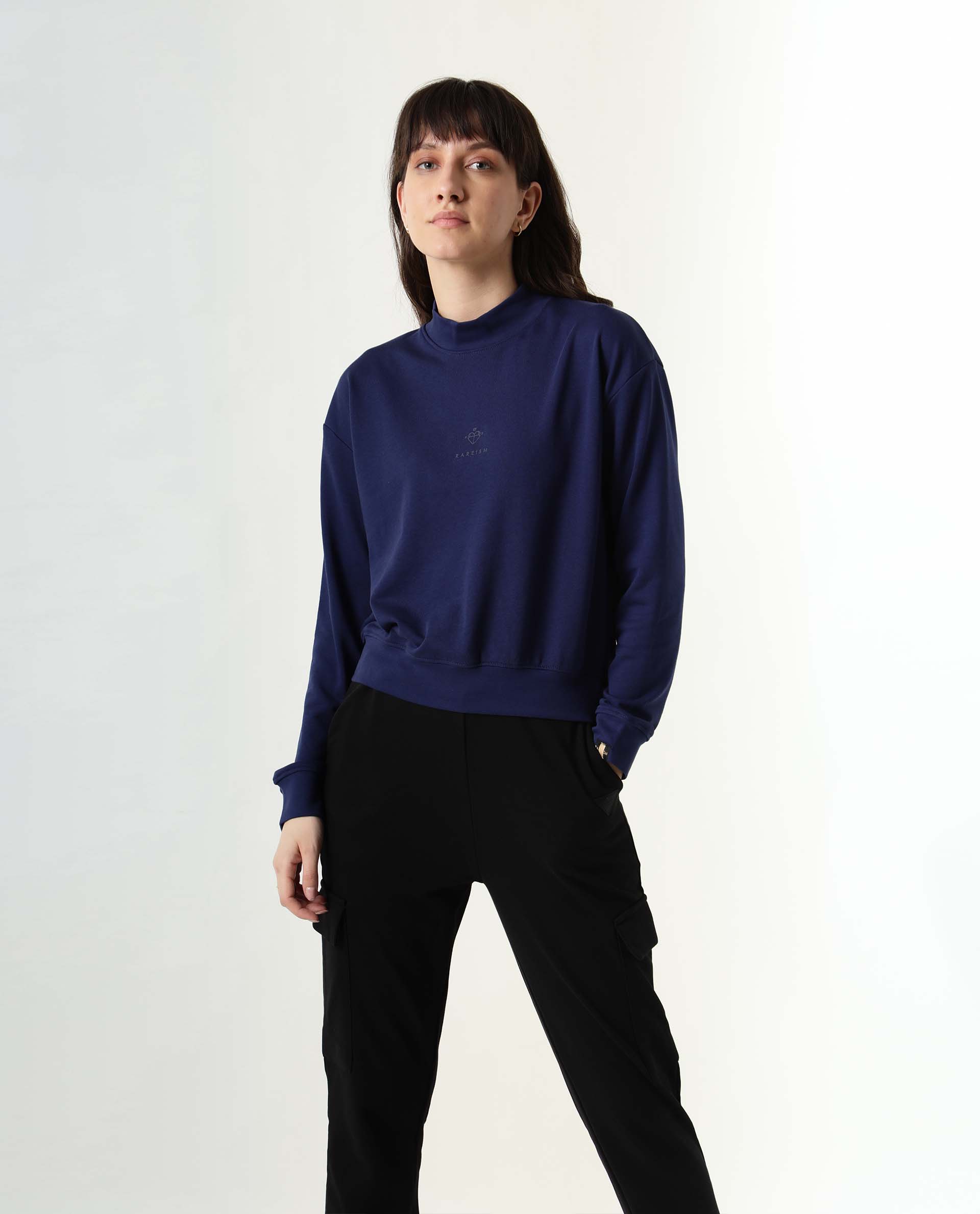 Rareism Women Necker Blue  Relaxed Fit Full Sleeves Solid High Neck Sweatshirt