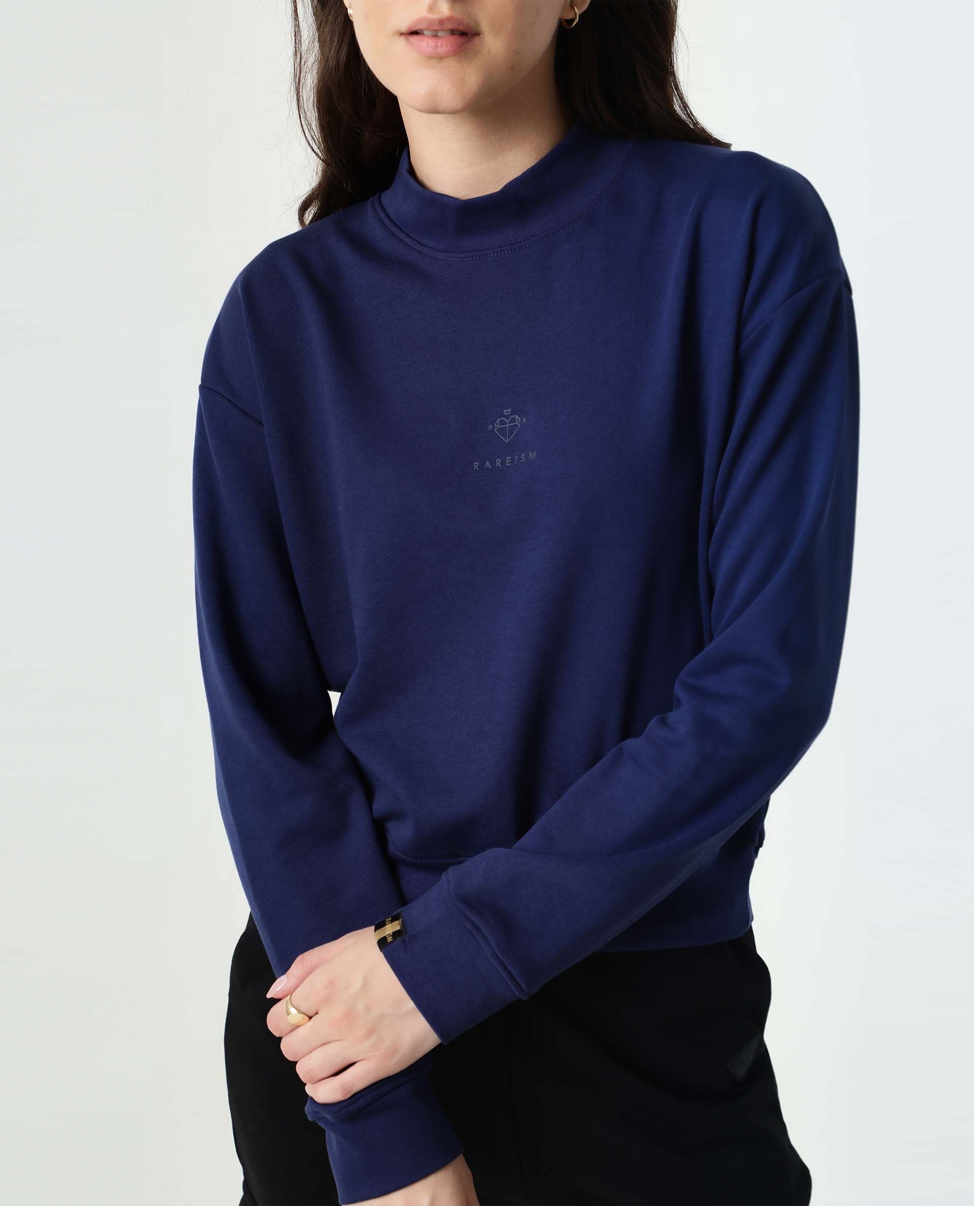 Rareism Women Necker Blue  Relaxed Fit Full Sleeves Solid High Neck Sweatshirt