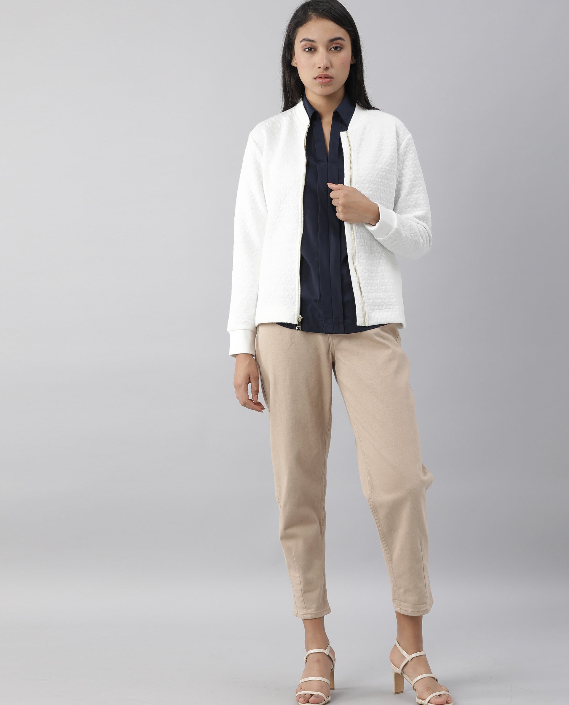 Rareism Womens Nect Off White Jacket Full Sleeve Long Sleeve Ribbed Neck