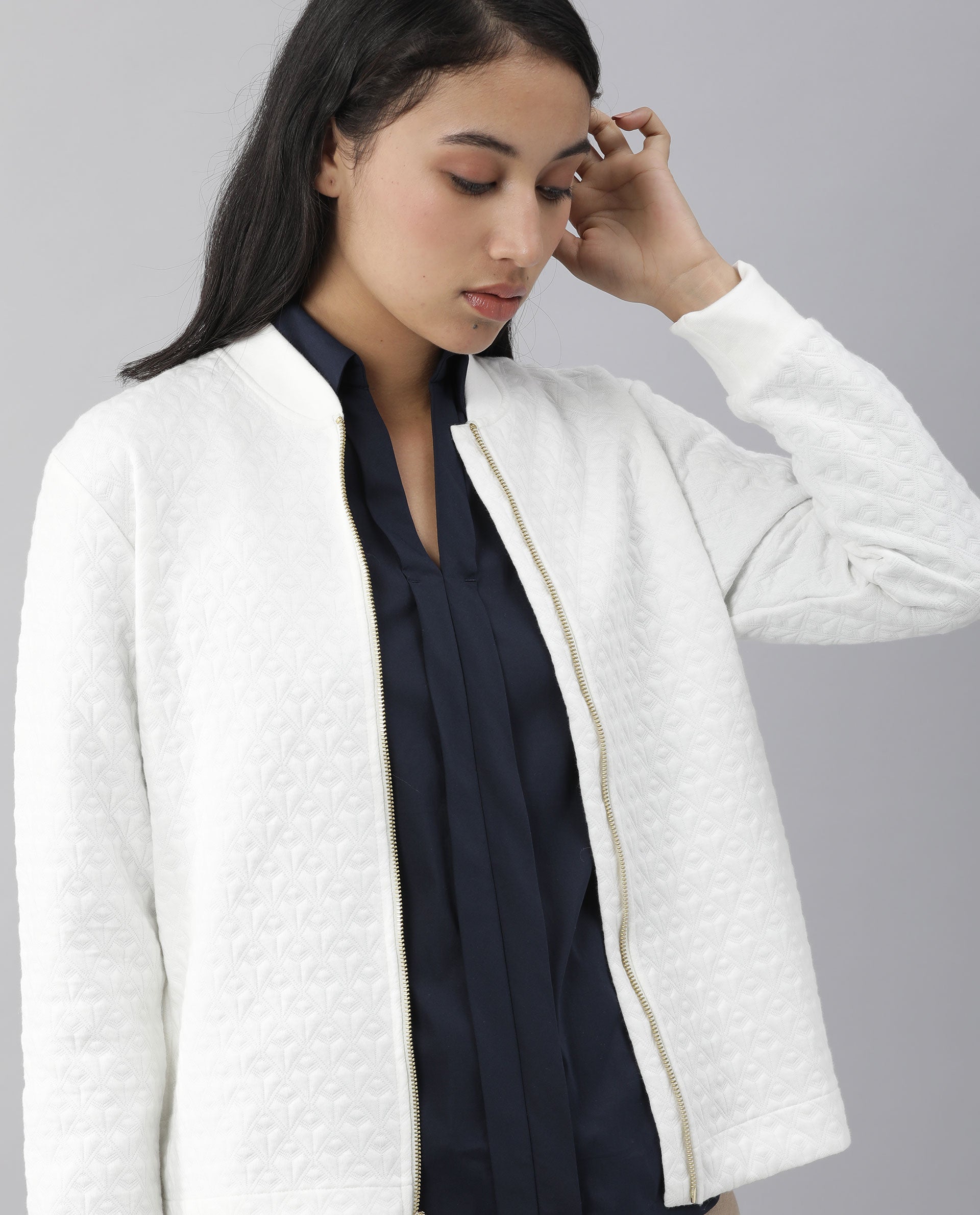 Rareism Womens Nect Off White Jacket Full Sleeve Long Sleeve Ribbed Neck