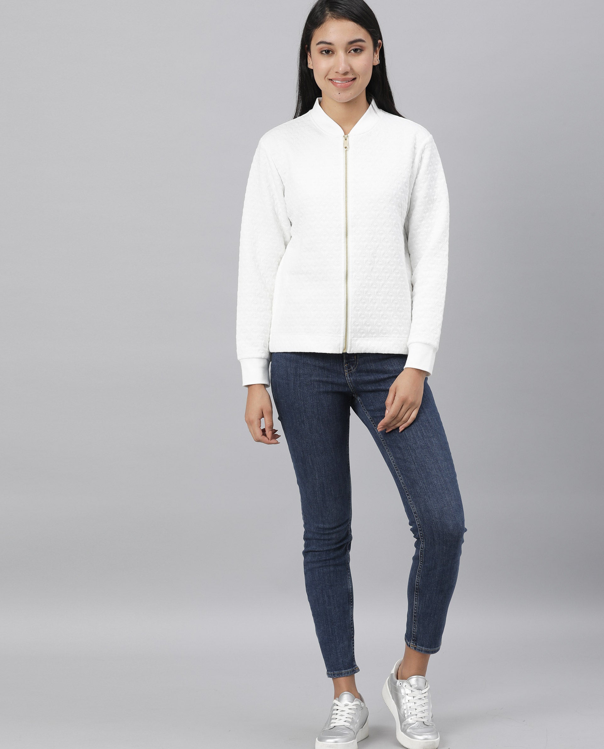 Rareism Womens Nect Off White Jacket Full Sleeve Long Sleeve Ribbed Neck