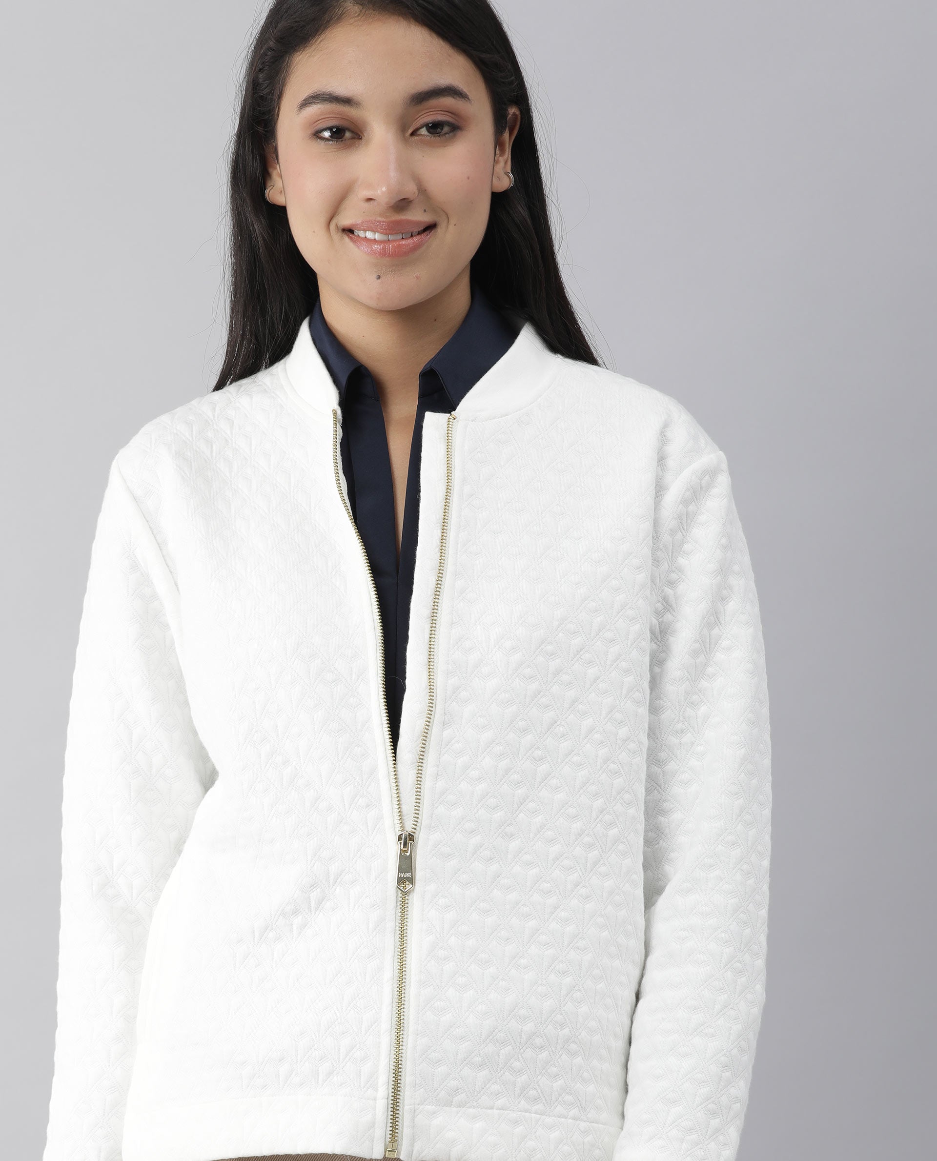 Rareism Womens Nect Off White Jacket Full Sleeve Long Sleeve Ribbed Neck