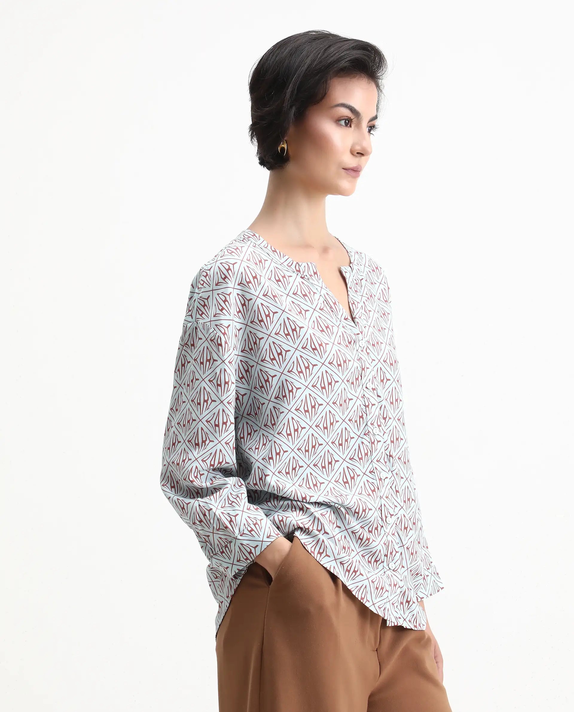 Rareism Women's Nector Blue Viscose Mandarin Collar Monogram Print Regular Fit Top