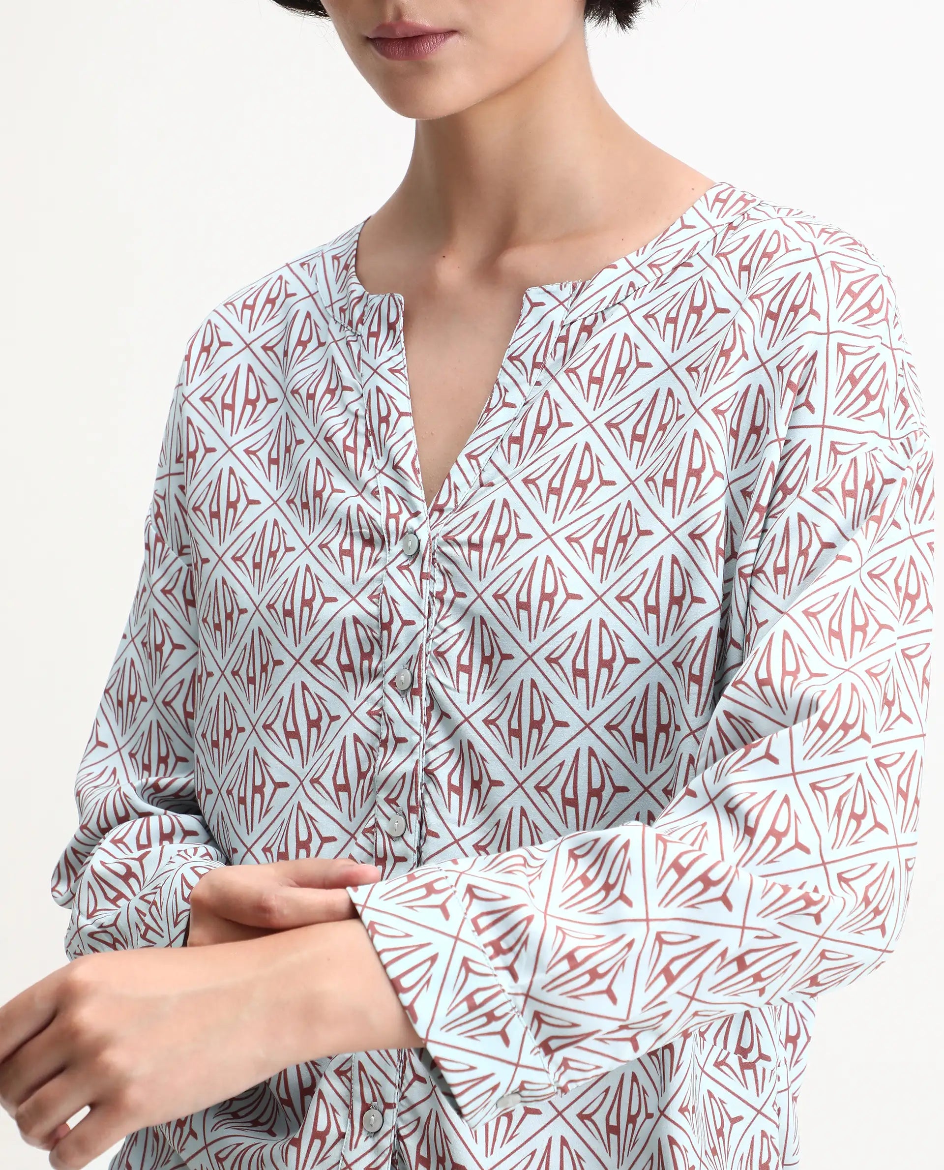 Rareism Women's Nector Blue Viscose Mandarin Collar Monogram Print Regular Fit Top