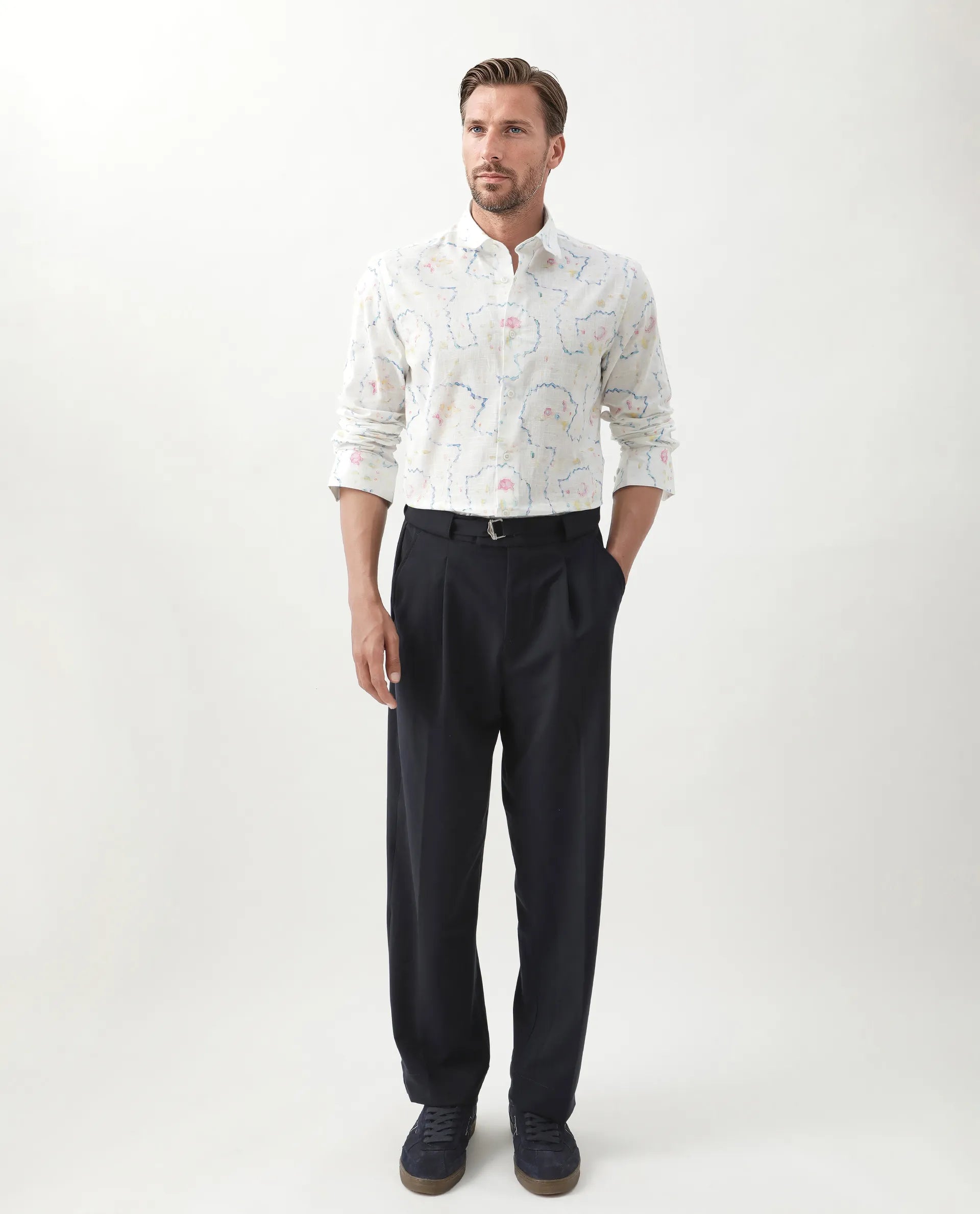 Rare Rabbit Men's Nede White Cotton Abstract Print Relaxed Fit Full Sleeve Collared Shirt