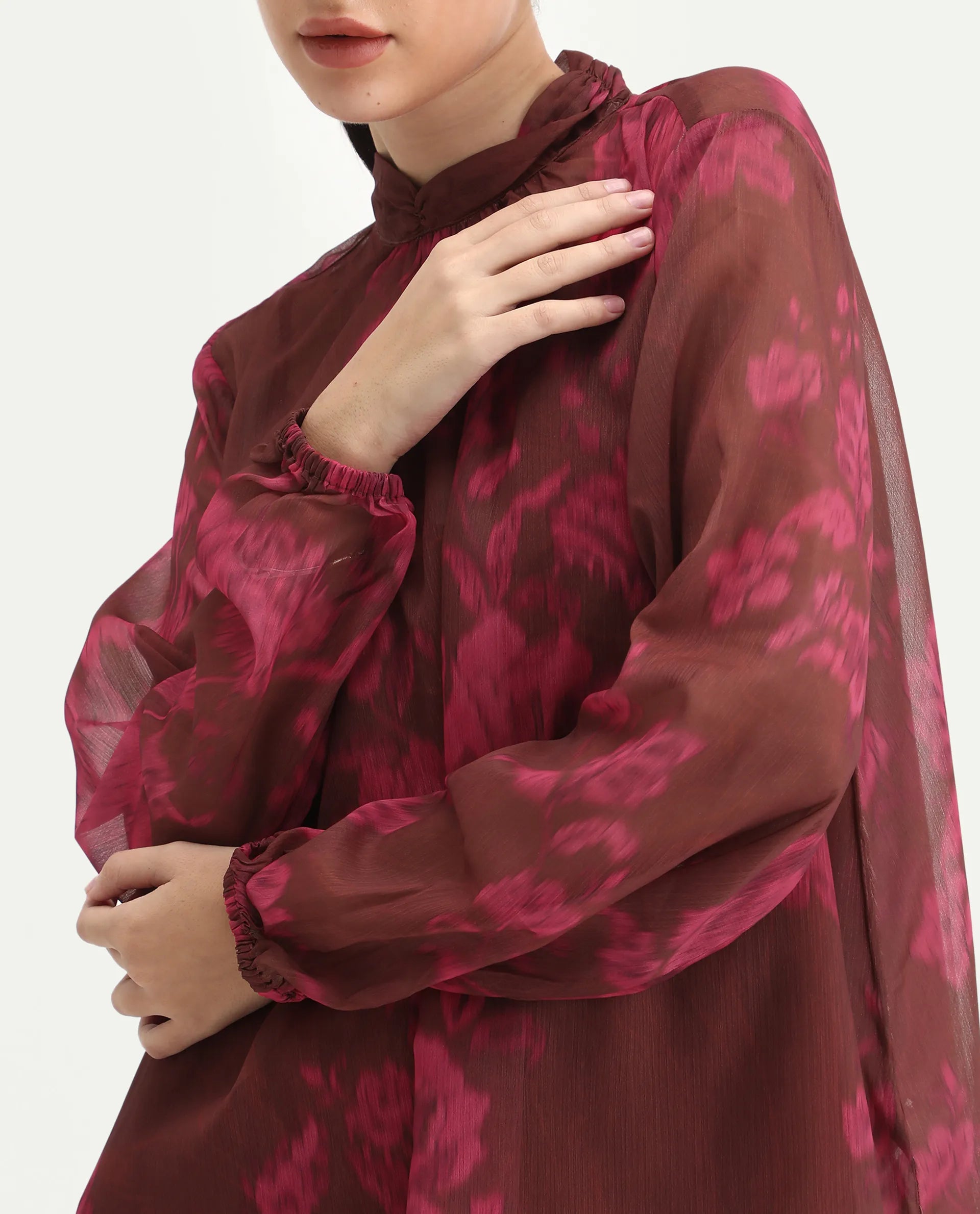 Rareism Women's Neho Brown Polyester Bishop Sleeve Band Collar Relaxed Fit Top