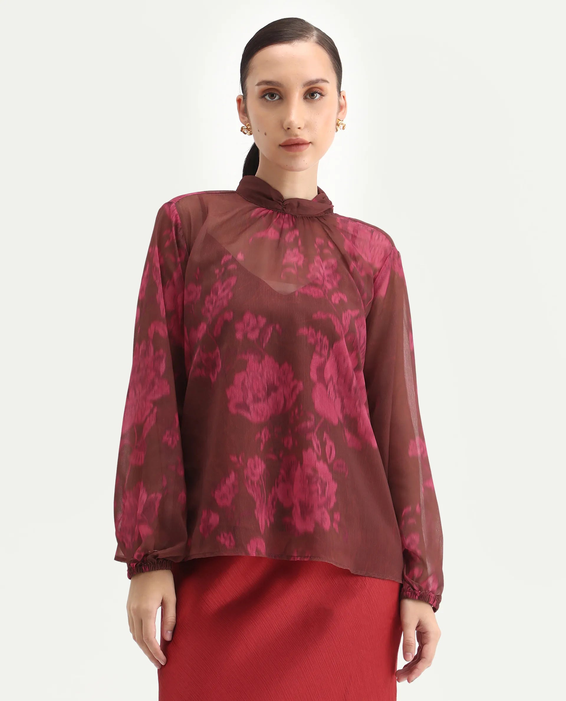 Rareism Women's Neho Brown Polyester Bishop Sleeve Band Collar Relaxed Fit Top