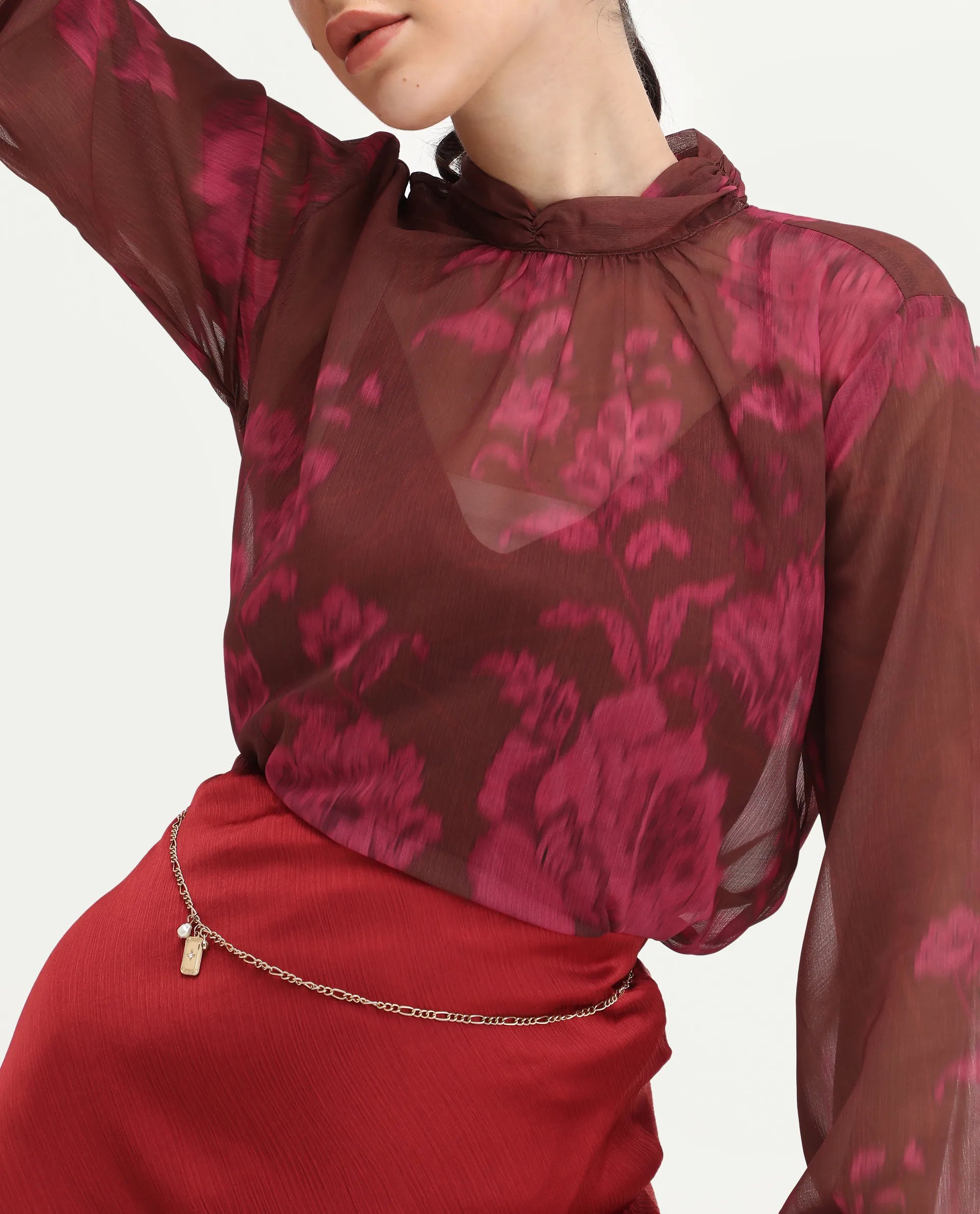 Rareism Women's Neho Brown Polyester Bishop Sleeve Band Collar Relaxed Fit Top