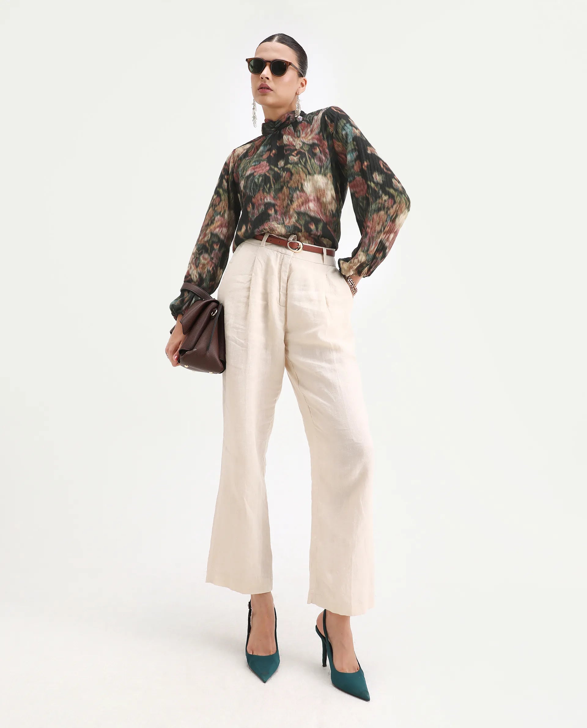 Rareism Women's Nehon Black Polyester Bishop Sleeve Band Collar Relaxed Fit Top