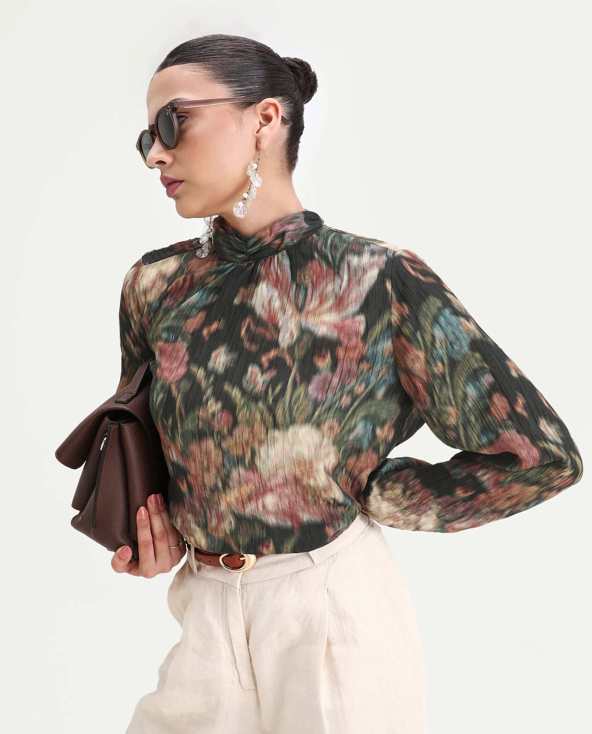 Rareism Women's Nehon Black Polyester Bishop Sleeve Band Collar Relaxed Fit Top