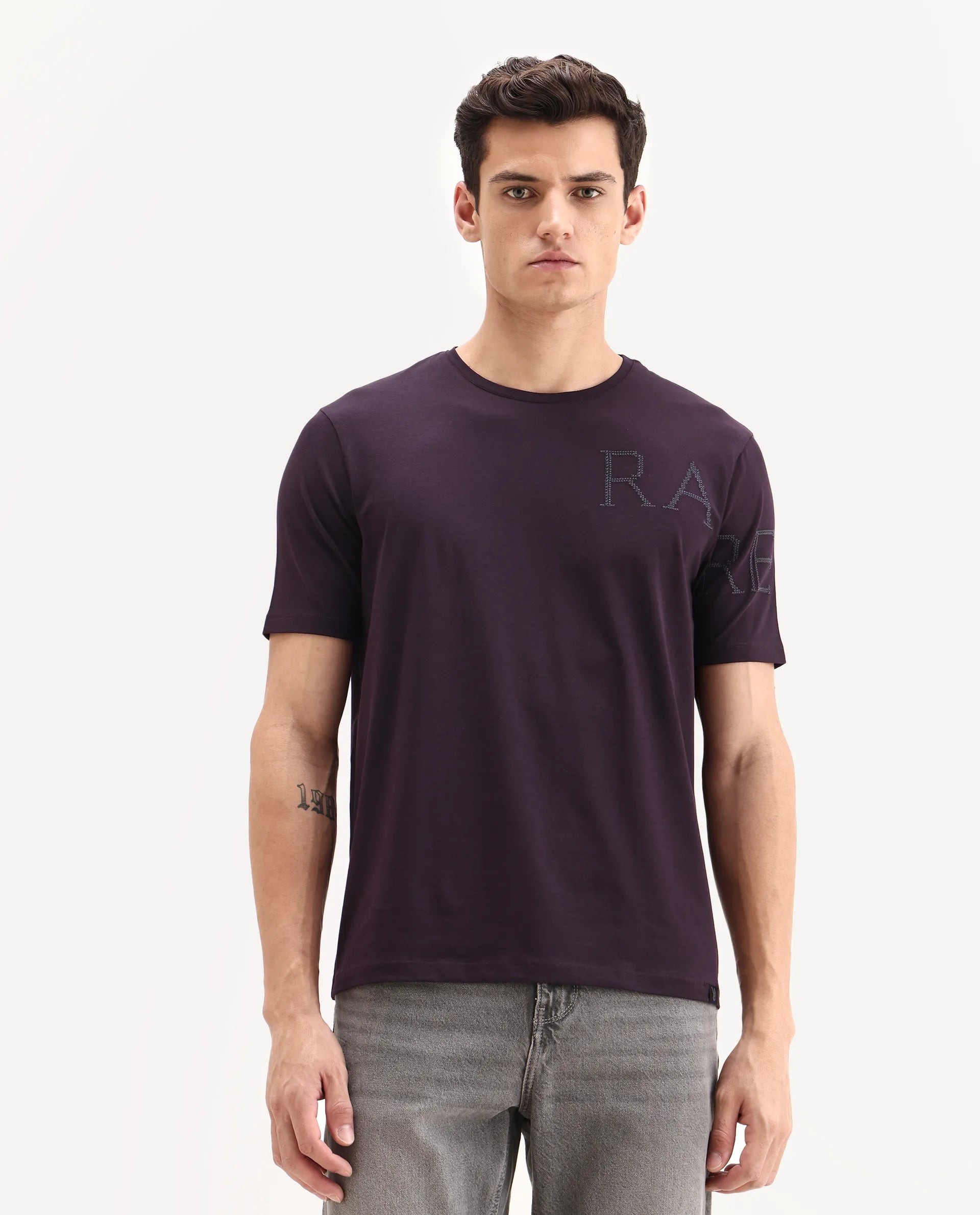 Rare Rabbit Men's Neilo-1 Dark Purple Cotton Embroidered Regular Fit Half Sleeve Crew Neck T-Shirt