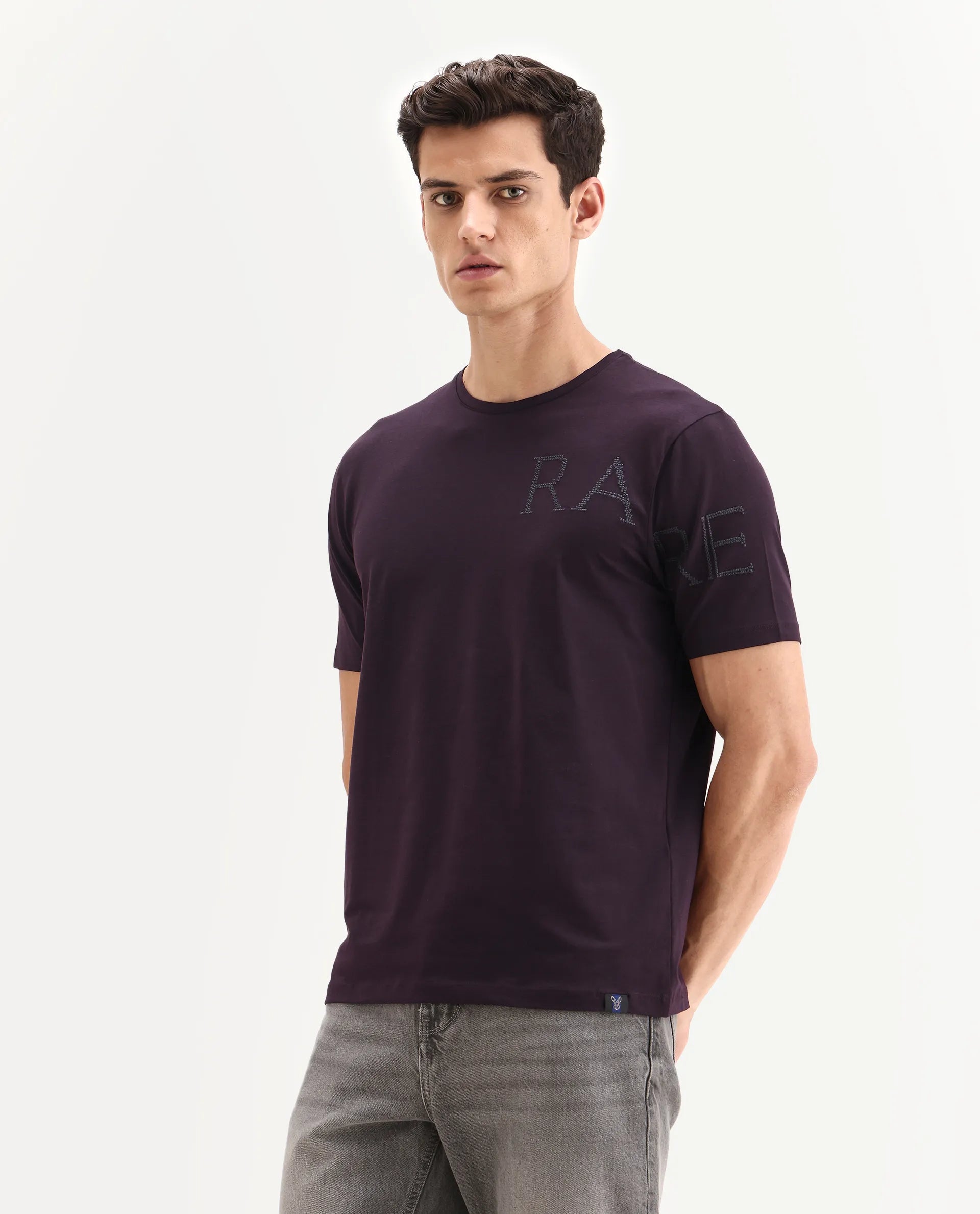 Rare Rabbit Men's Neilo-1 Dark Purple Cotton Embroidered Regular Fit Half Sleeve Crew Neck T-Shirt