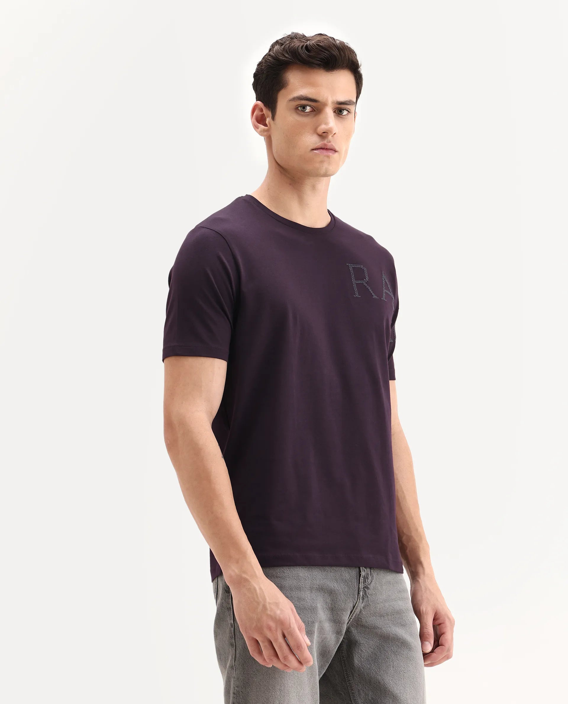 Rare Rabbit Men's Neilo-1 Dark Purple Cotton Embroidered Regular Fit Half Sleeve Crew Neck T-Shirt