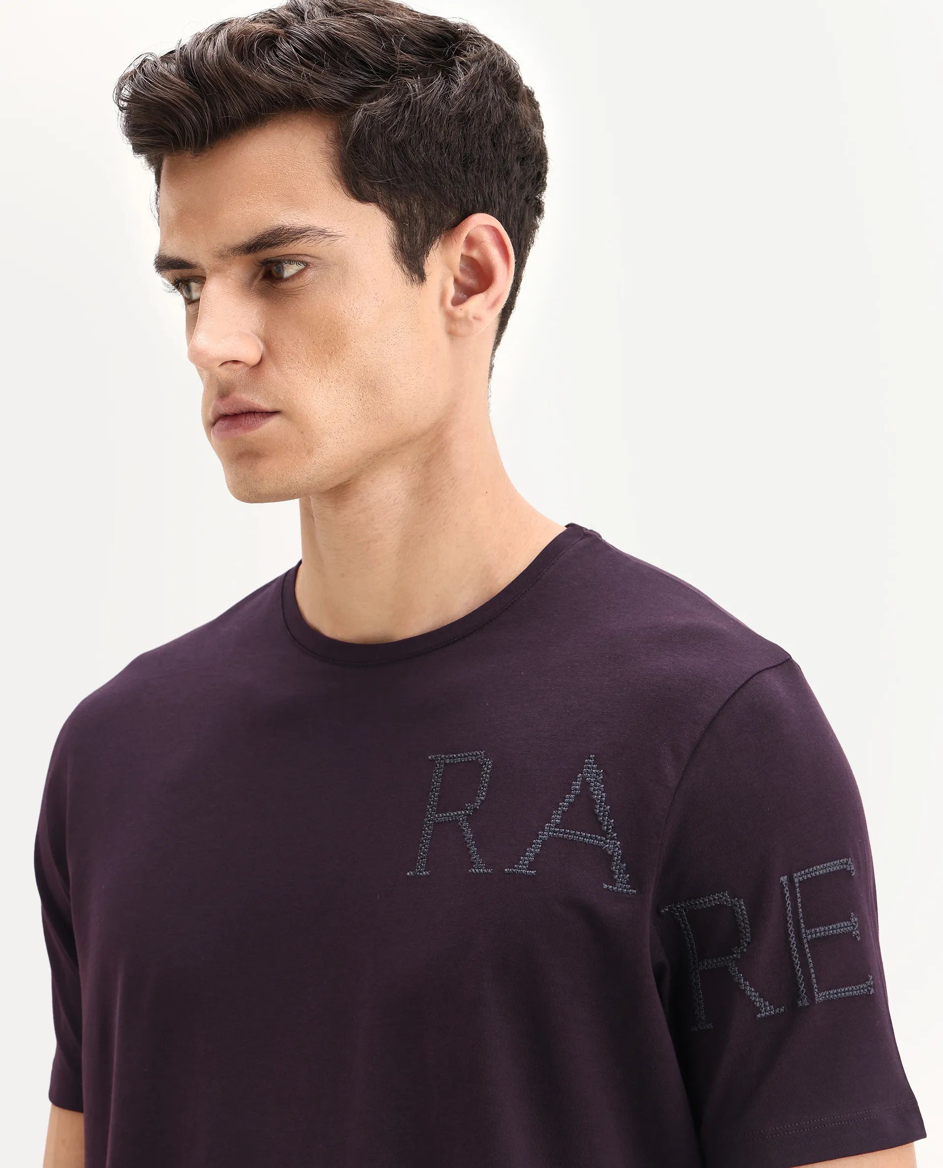 Rare Rabbit Men's Neilo-1 Dark Purple Cotton Embroidered Regular Fit Half Sleeve Crew Neck T-Shirt
