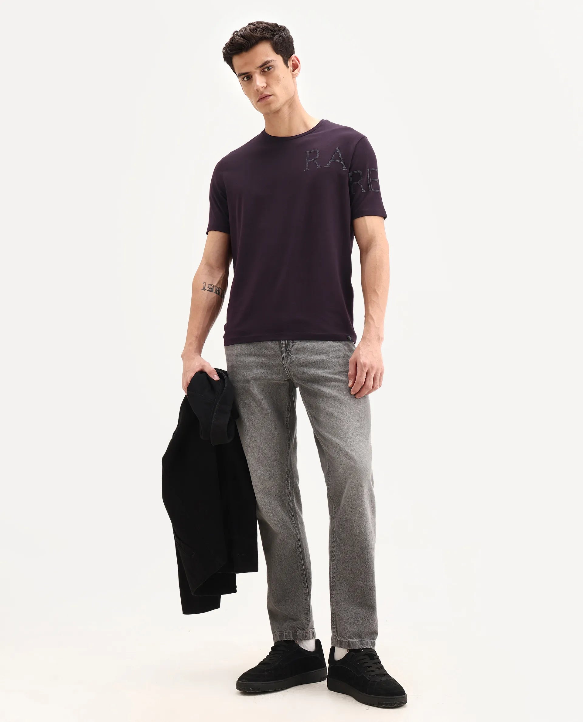 Rare Rabbit Men's Neilo-1 Dark Purple Cotton Embroidered Regular Fit Half Sleeve Crew Neck T-Shirt