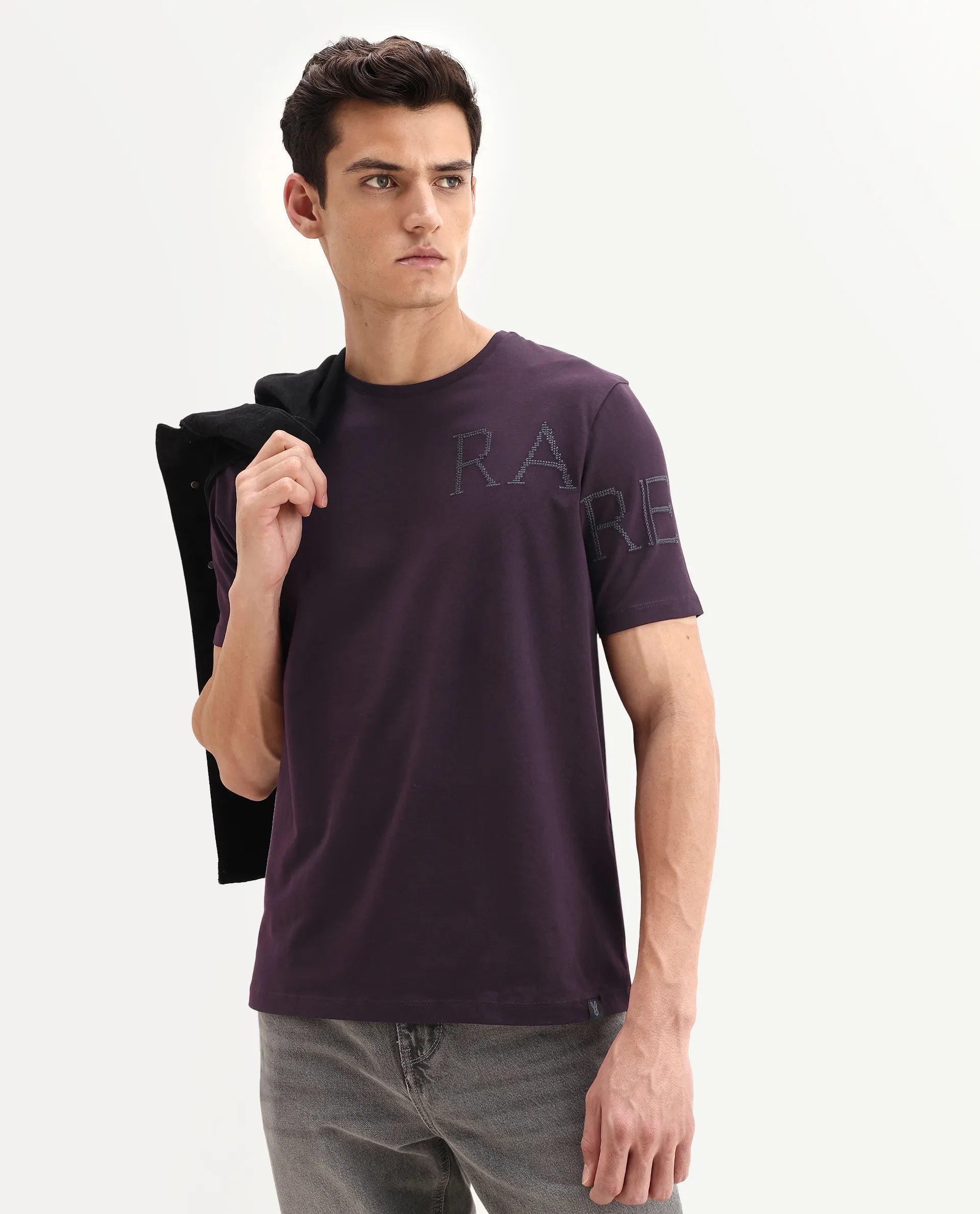 Rare Rabbit Men's Neilo-1 Dark Purple Cotton Embroidered Regular Fit Half Sleeve Crew Neck T-Shirt