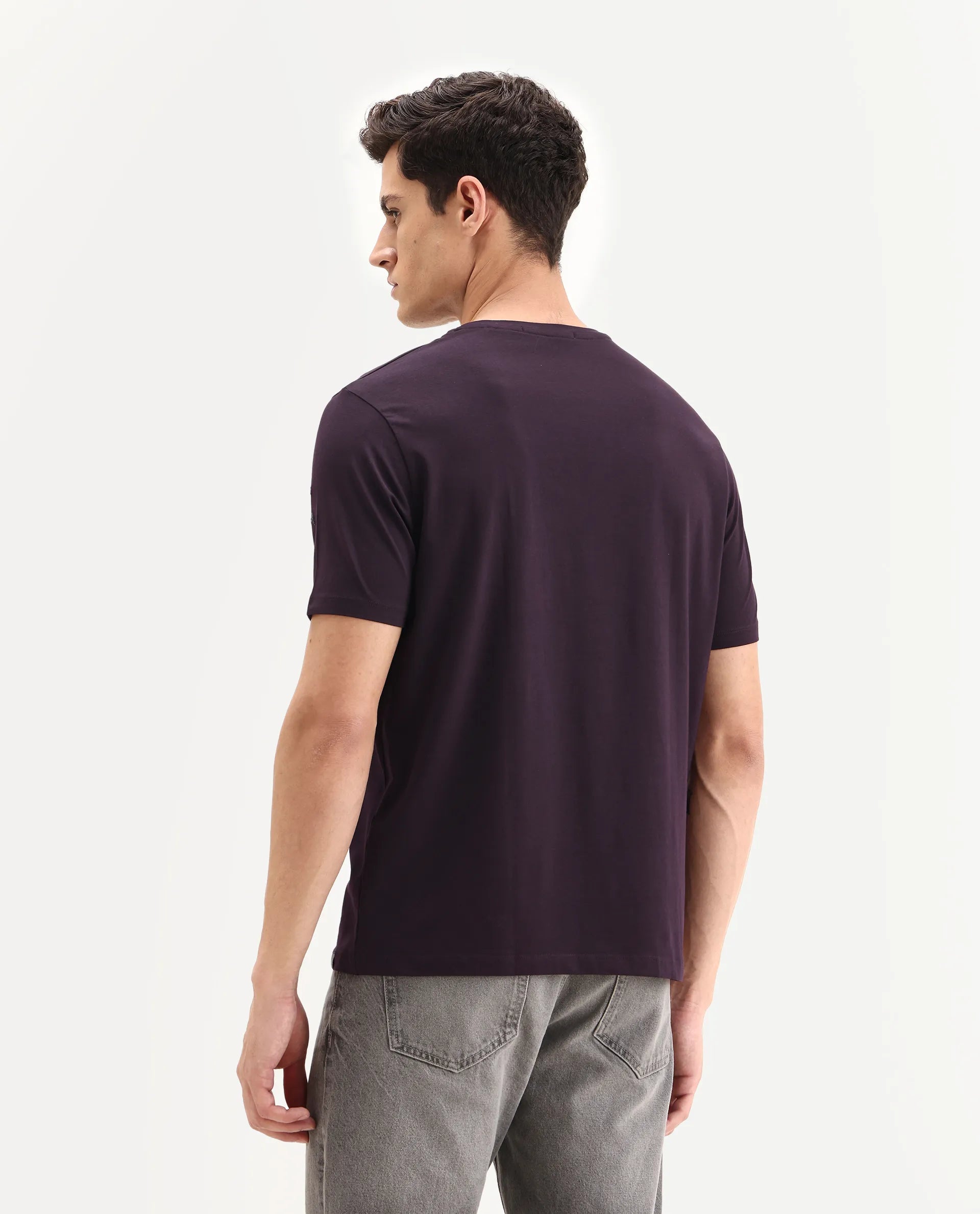 Rare Rabbit Men's Neilo-1 Dark Purple Cotton Embroidered Regular Fit Half Sleeve Crew Neck T-Shirt
