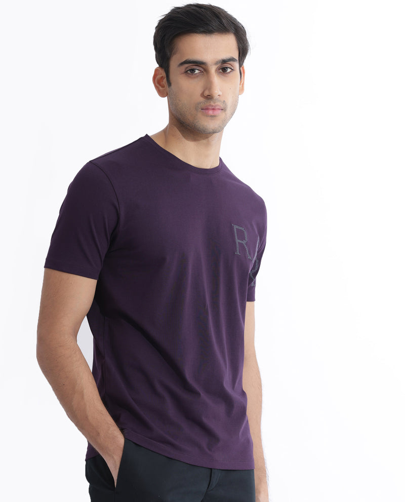 Rare Rabbit Men's Neilo Dark Purple Cotton Fabric Half Sleeves Embroidered Graphic Print T-Shirt