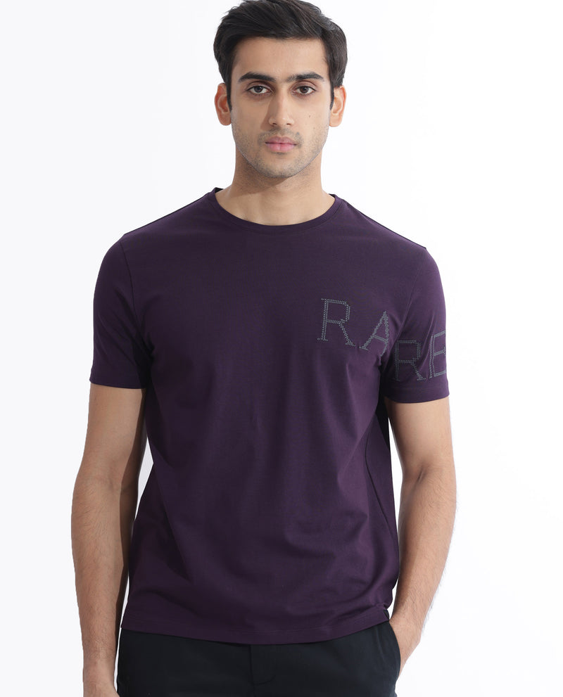 Rare Rabbit Men's Neilo Dark Purple Cotton Fabric Half Sleeves Embroidered Graphic Print T-Shirt