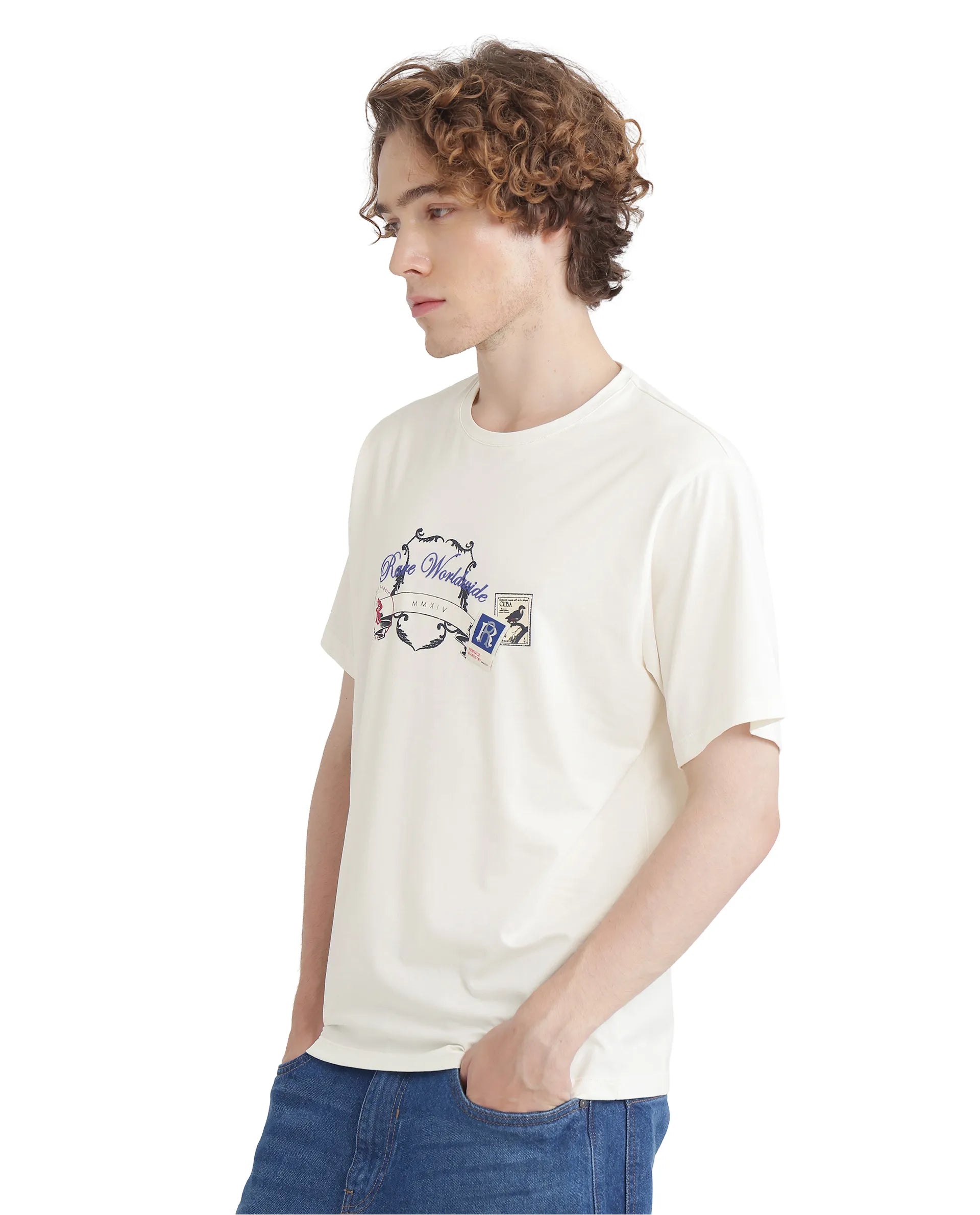 Rare Rabbit Men's Neko Off White Cotton Fabric Half Sleeve Crew Neck Regular Fit Graphic Print T-Shirt