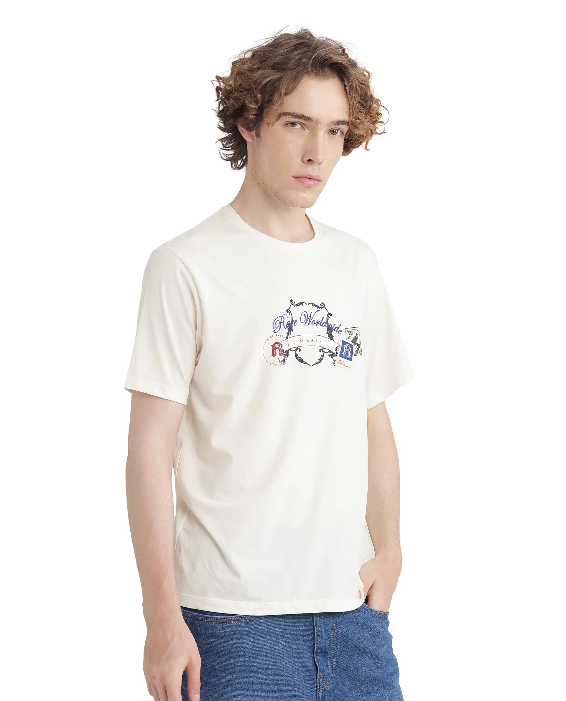 Rare Rabbit Men's Neko Off White Cotton Fabric Half Sleeve Crew Neck Regular Fit Graphic Print T-Shirt