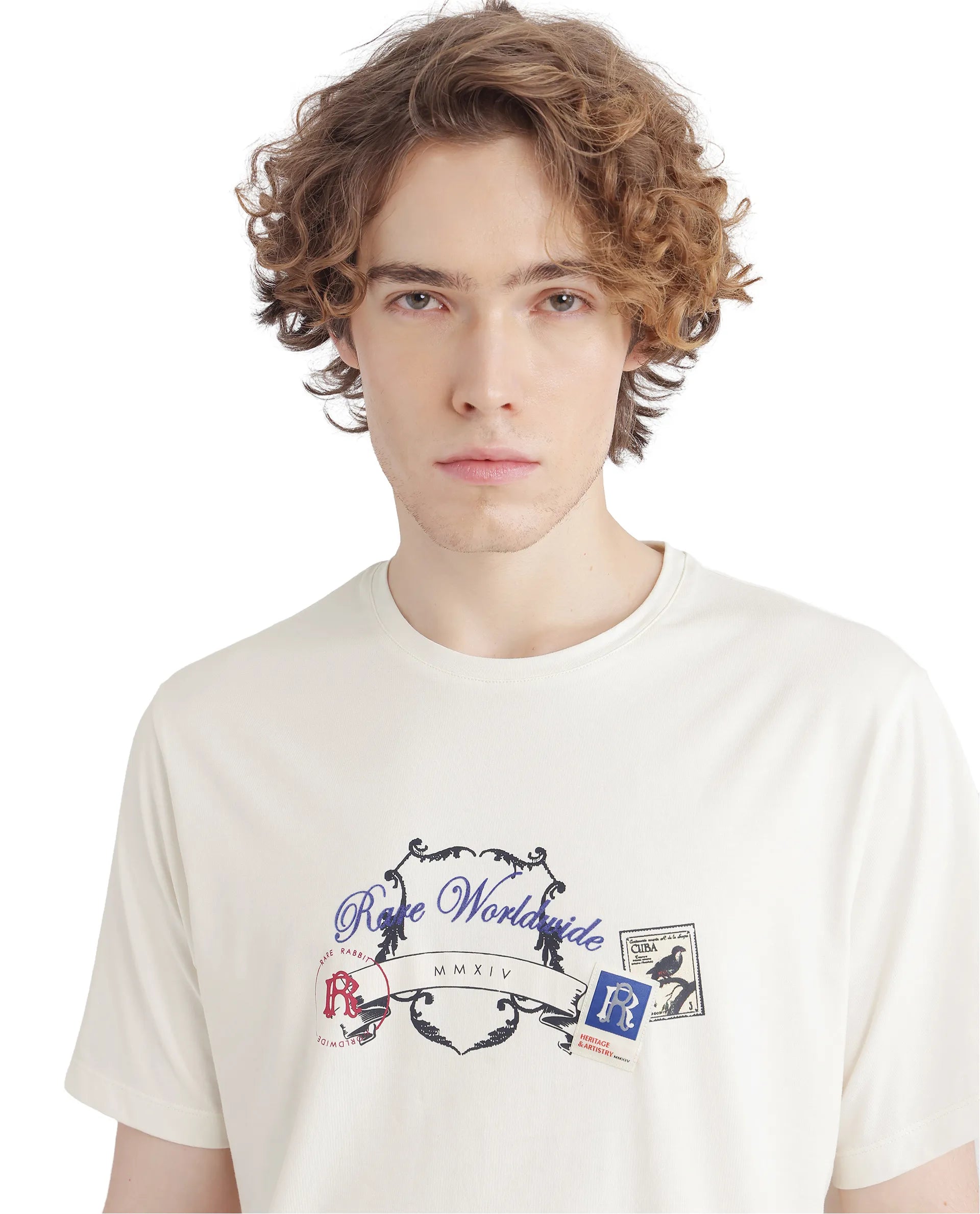 Rare Rabbit Men's Neko Off White Cotton Fabric Half Sleeve Crew Neck Regular Fit Graphic Print T-Shirt