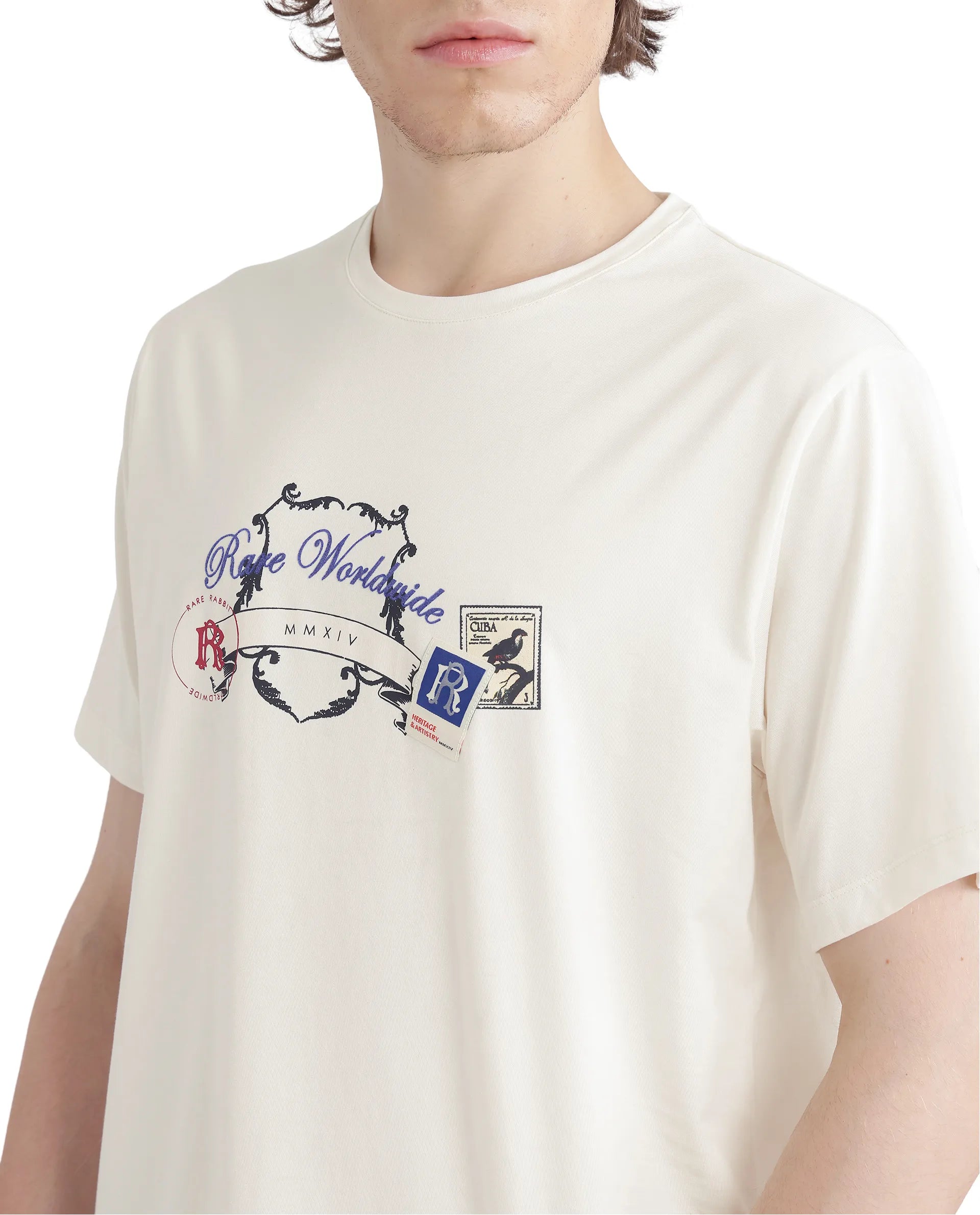 Rare Rabbit Men's Neko Off White Cotton Fabric Half Sleeve Crew Neck Regular Fit Graphic Print T-Shirt